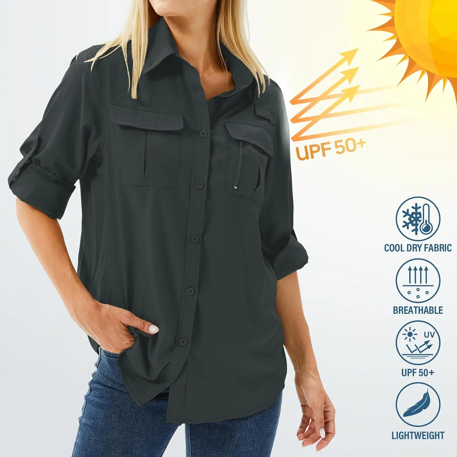 Women's UPF 50 Long Sleeve UV Sun Protection Safari Shirts Outdoor Quick Dry Fishing Hiking Travel Shirts