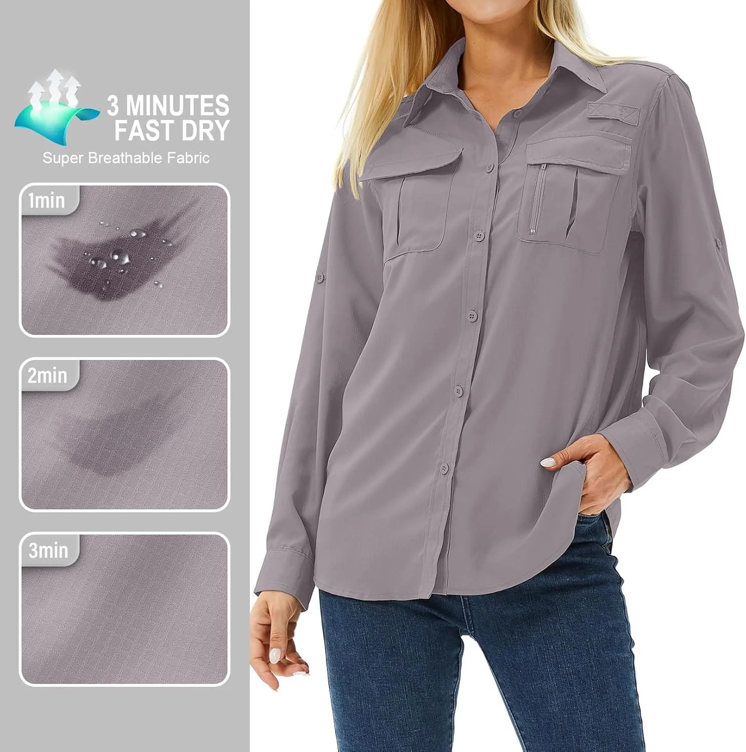 Women's UPF 50 Long Sleeve UV Sun Protection Safari Shirts Outdoor Quick Dry Fishing Hiking Travel Shirts