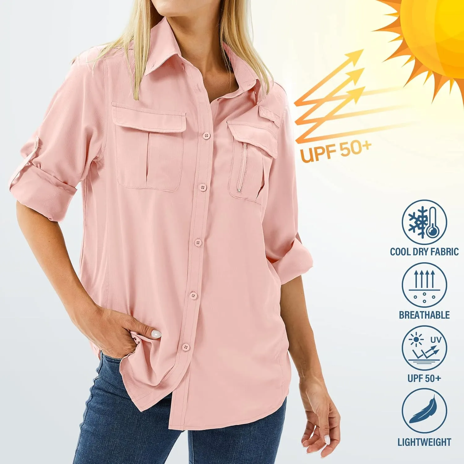Women's UPF 50 Long Sleeve UV Sun Protection Safari Shirts Outdoor Quick Dry Fishing Hiking Travel Shirts