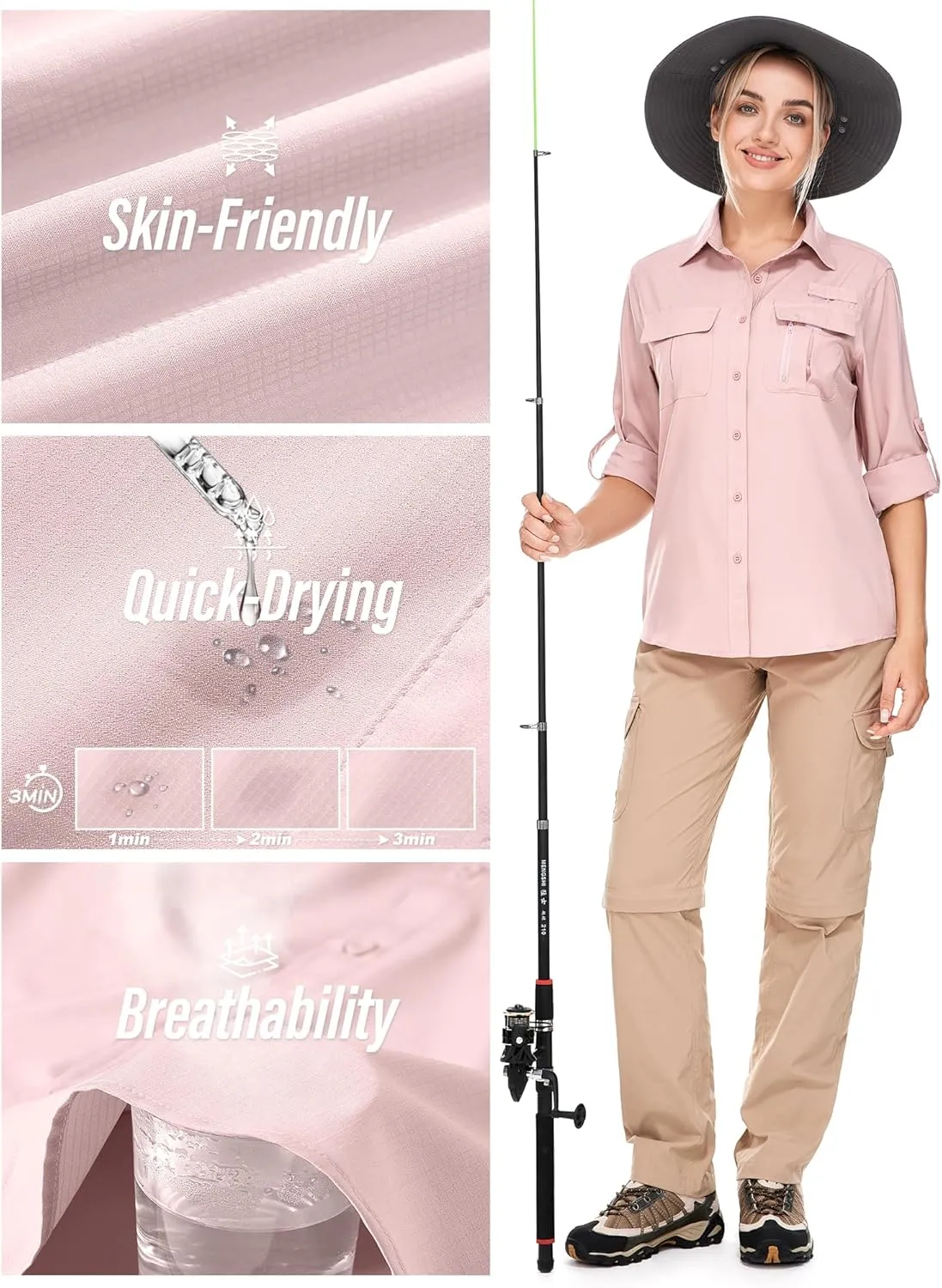 Women's UPF 50 Long Sleeve UV Sun Protection Safari Shirts Outdoor Quick Dry Fishing Hiking Travel Shirts