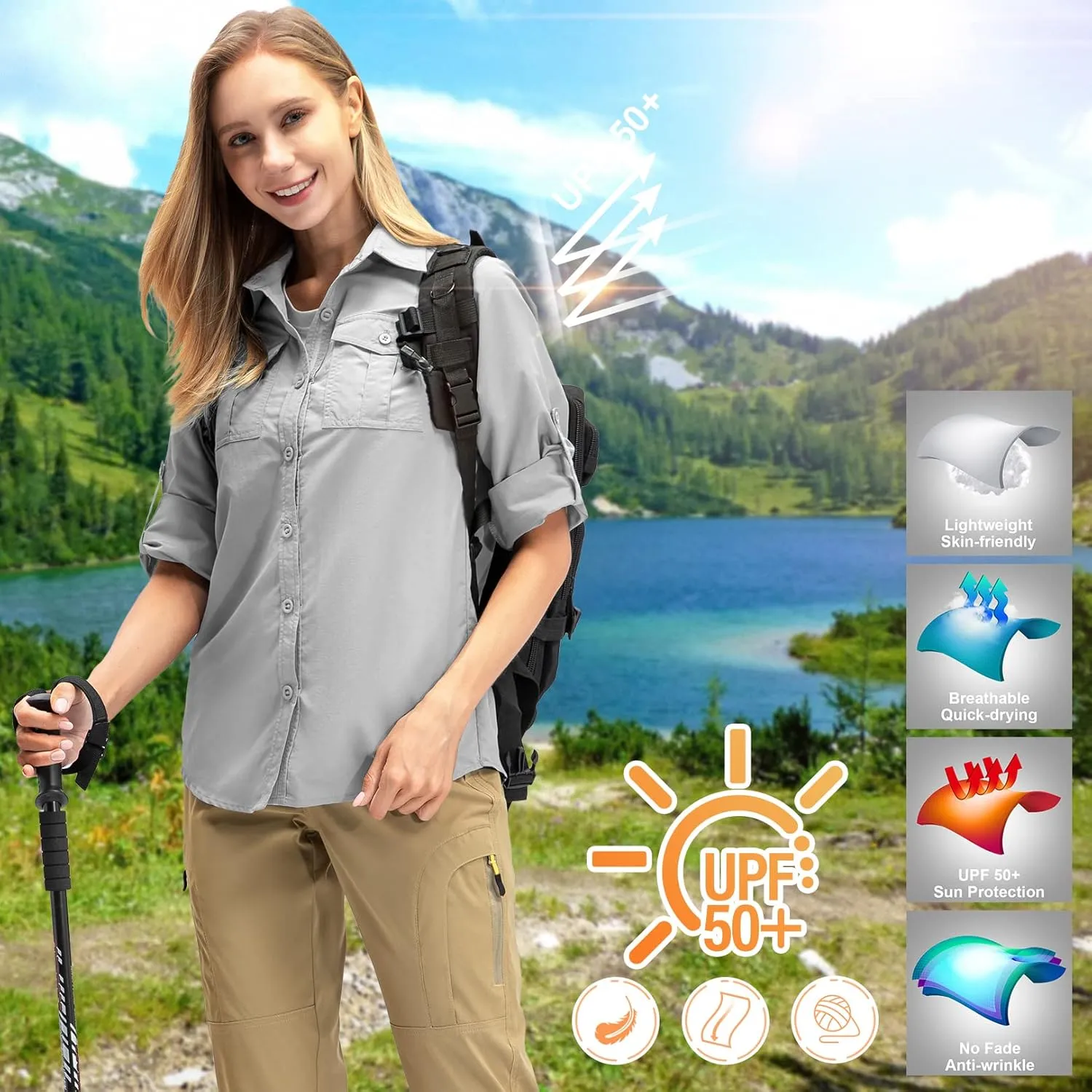 Women's UPF 50  UV Sun Protection Long Sleeve Safari Shirts Outdoor Quick Dry Fishing Hiking Travel Shirts