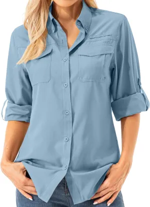 Womens UPF 50  UV Sun Protection Safari Shirts Long Sleeve Outdoor Cool Quick Dry Fishing Hiking Gardening Shirts