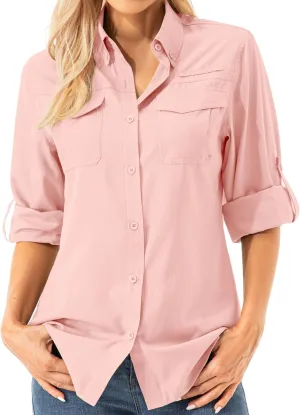 Womens UPF 50  UV Sun Protection Safari Shirts Long Sleeve Outdoor Cool Quick Dry Fishing Hiking Gardening Shirts