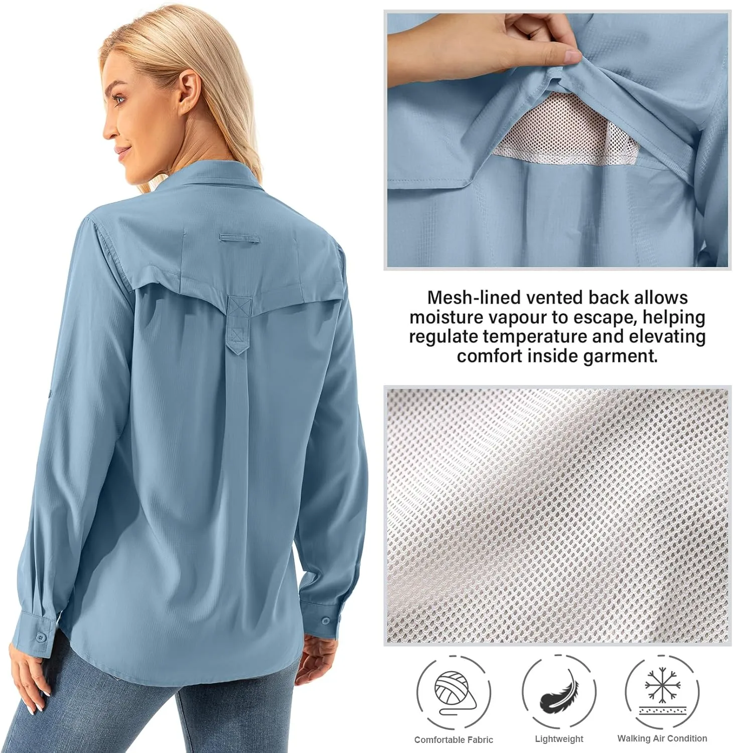 Womens UPF 50  UV Sun Protection Safari Shirts Long Sleeve Outdoor Cool Quick Dry Fishing Hiking Gardening Shirts