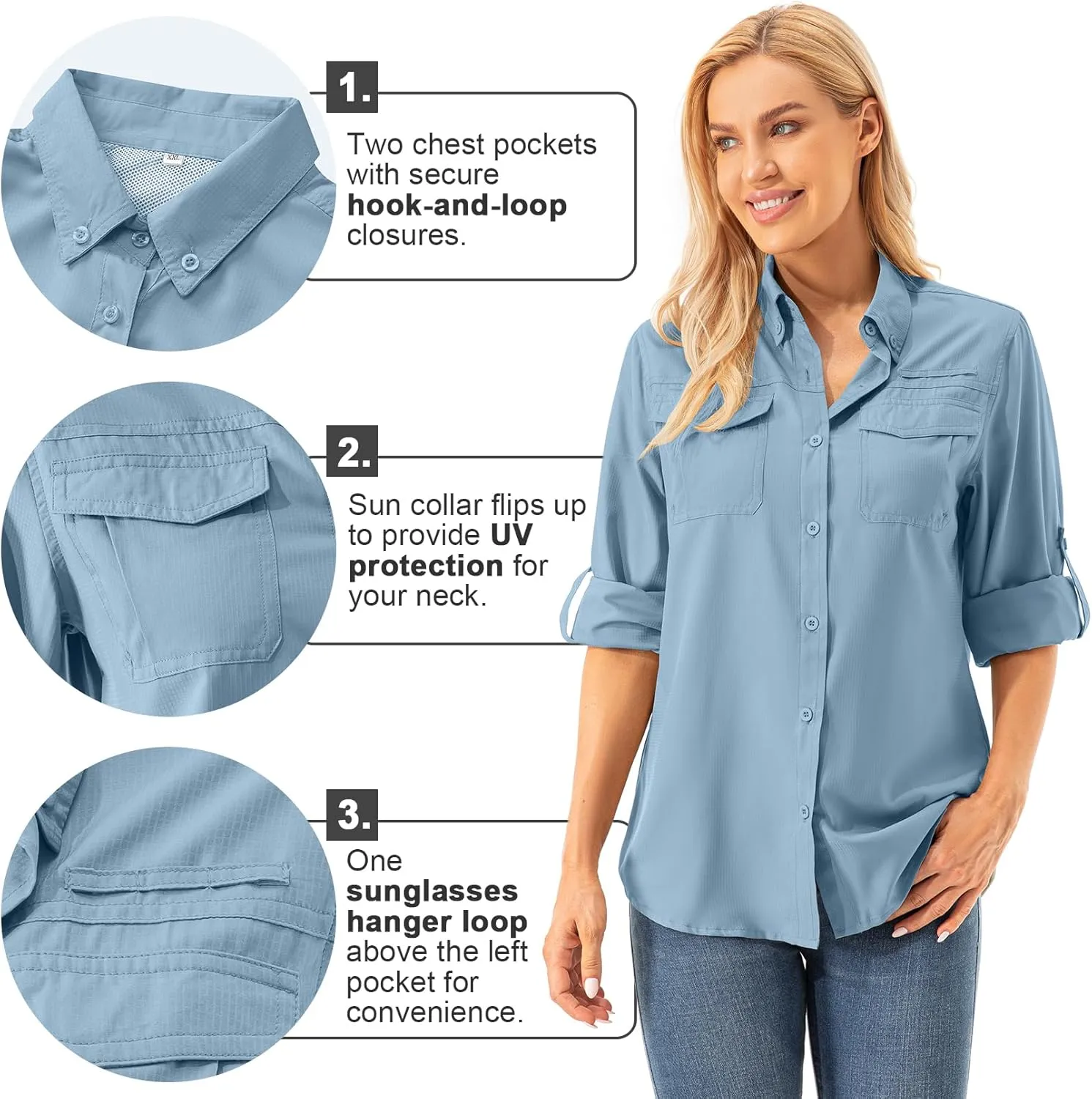 Womens UPF 50  UV Sun Protection Safari Shirts Long Sleeve Outdoor Cool Quick Dry Fishing Hiking Gardening Shirts