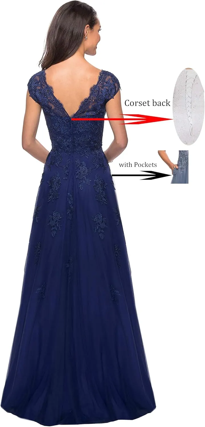 Women's V Neck Cap Sleeves Mother of The Bride Dresses Long Lace Formal Prom Evening Gowns with Pockets