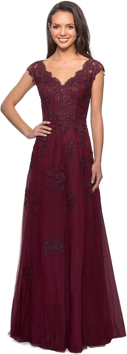 Women's V Neck Cap Sleeves Mother of The Bride Dresses Long Lace Formal Prom Evening Gowns with Pockets