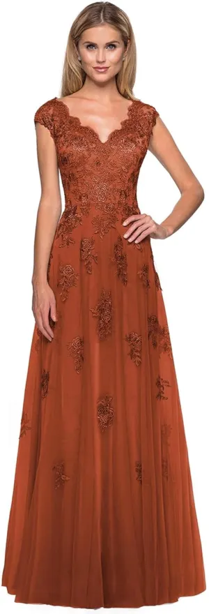 Women's V Neck Cap Sleeves Mother of The Bride Dresses Long Lace Formal Prom Evening Gowns with Pockets
