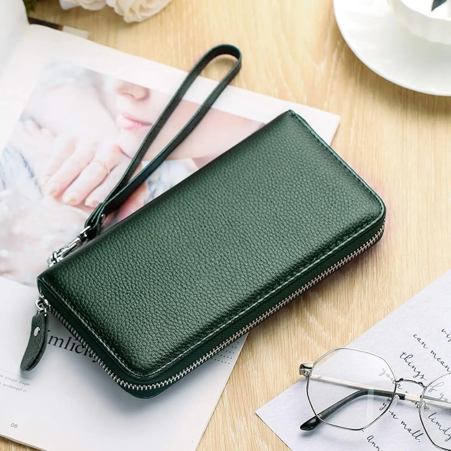 Womens Wallet RFID Blocking Genuine Leather Zip Around Wallet Clutch Wristlet Travel Long Purse for Women
