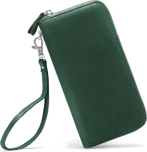Womens Wallet RFID Blocking Genuine Leather Zip Around Wallet Clutch Wristlet Travel Long Purse for Women