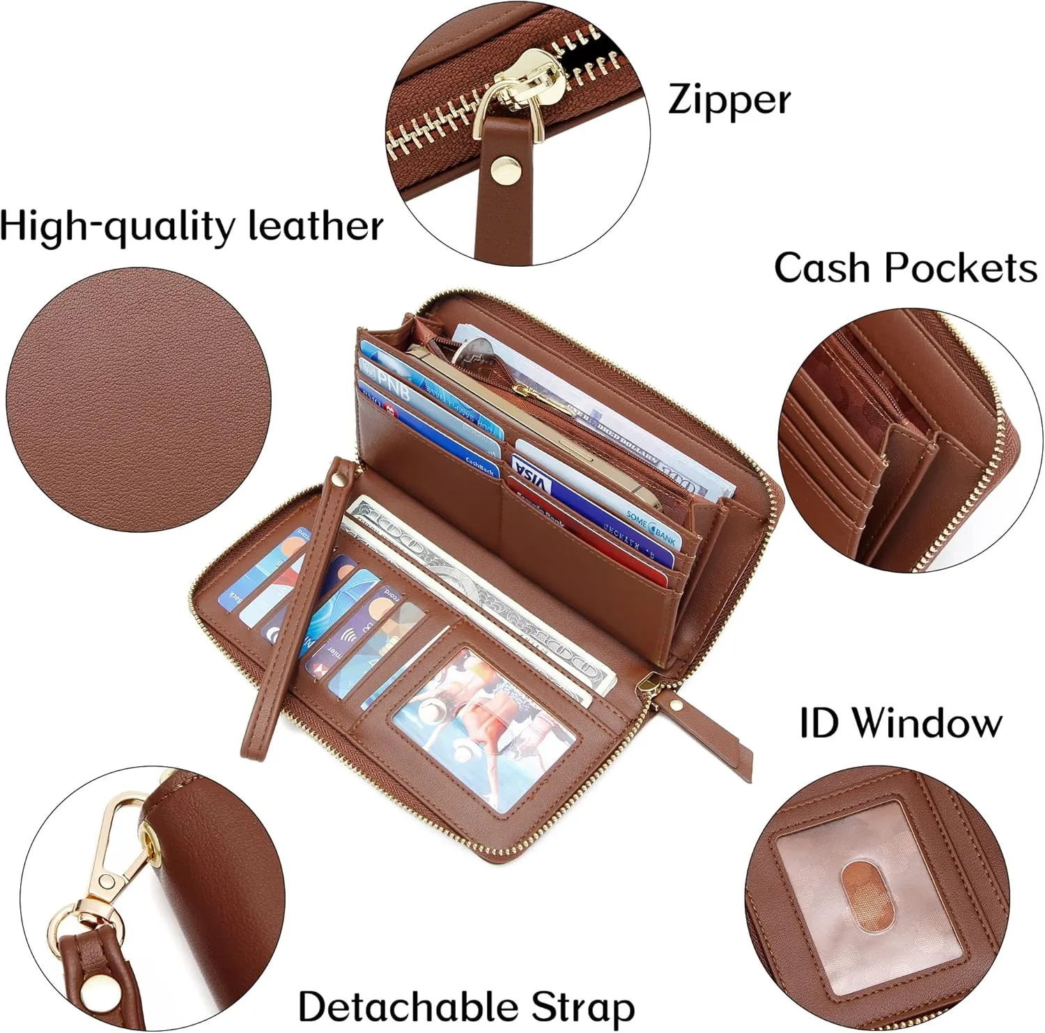 Womens Wallet RFID Large Capacity Zip Around Wallet PU Leather Credit Card Holder Clutch Wristlet Wallet Travel Purse