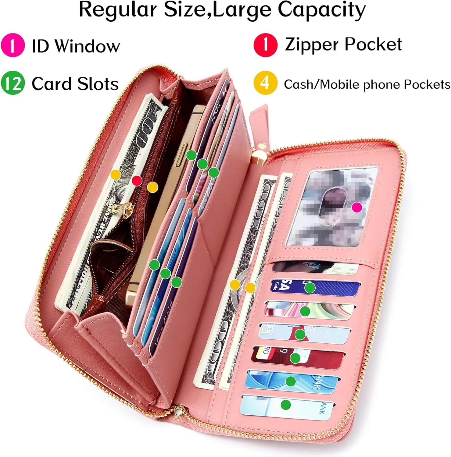 Womens Wallet RFID Large Capacity Zip Around Wallet PU Leather Credit Card Holder Clutch Wristlet Wallet Travel Purse