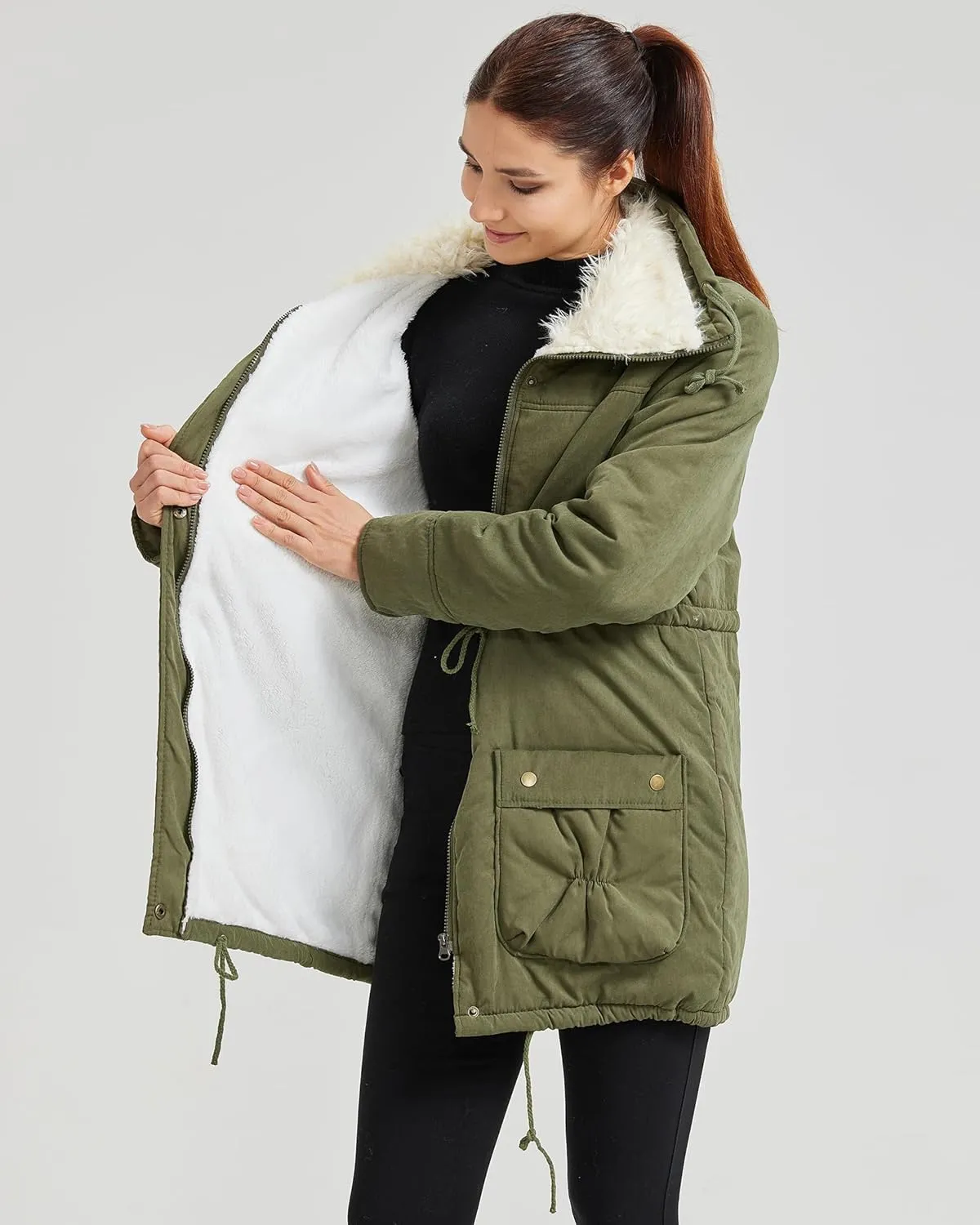Women's Winter Mid Length Thick Warm Faux Lamb Wool Lined Jacket Coat