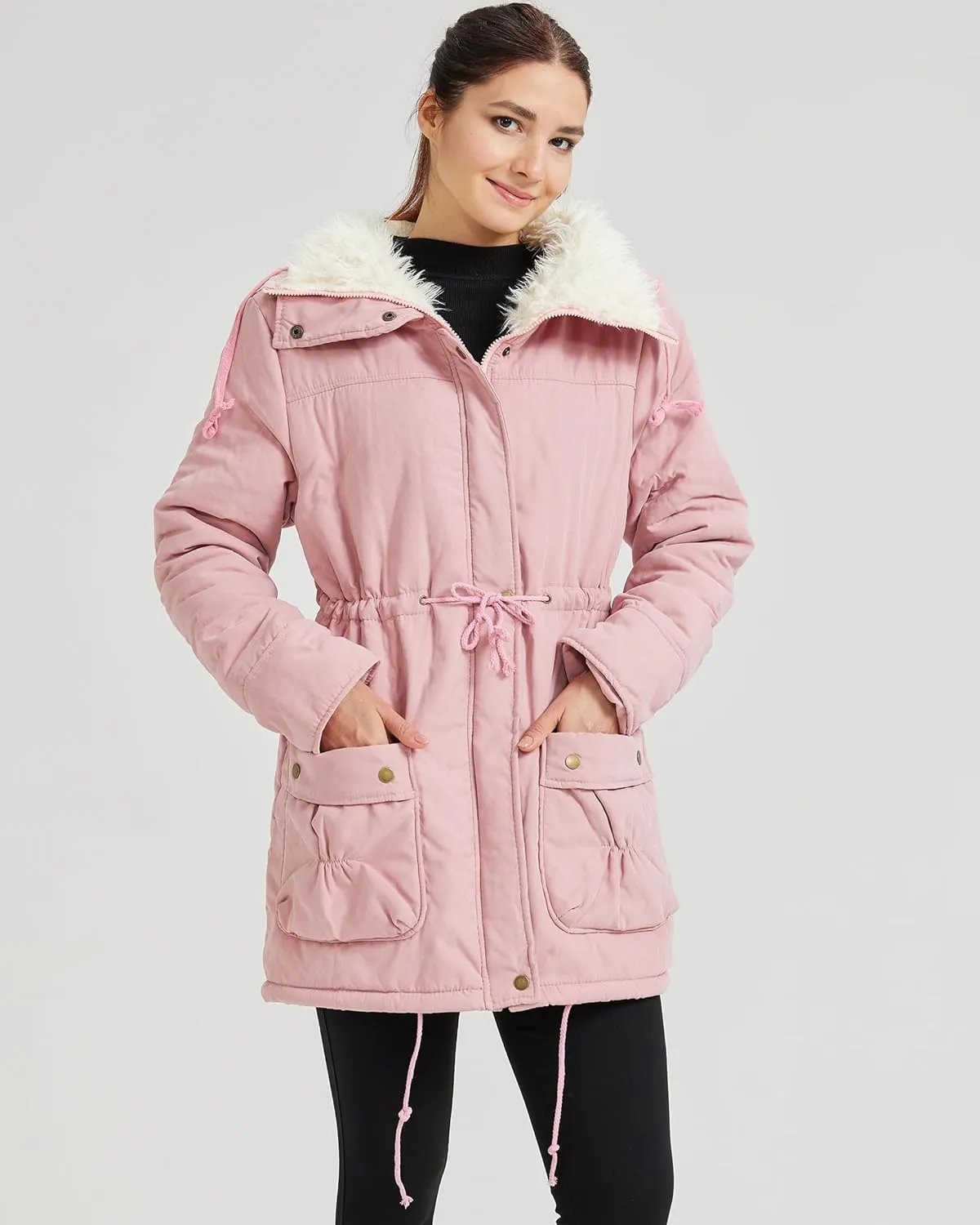 Women's Winter Mid Length Thick Warm Faux Lamb Wool Lined Jacket Coat