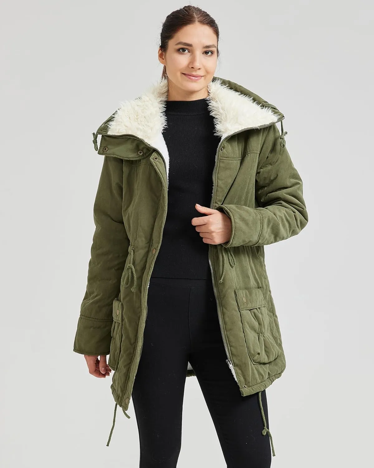 Women's Winter Mid Length Thick Warm Faux Lamb Wool Lined Jacket Coat