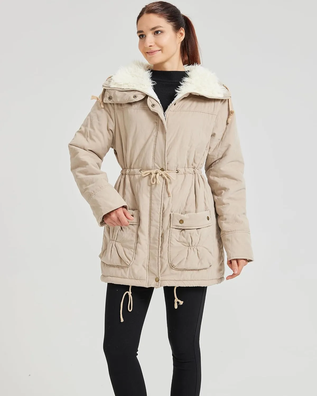 Women's Winter Mid Length Thick Warm Faux Lamb Wool Lined Jacket Coat
