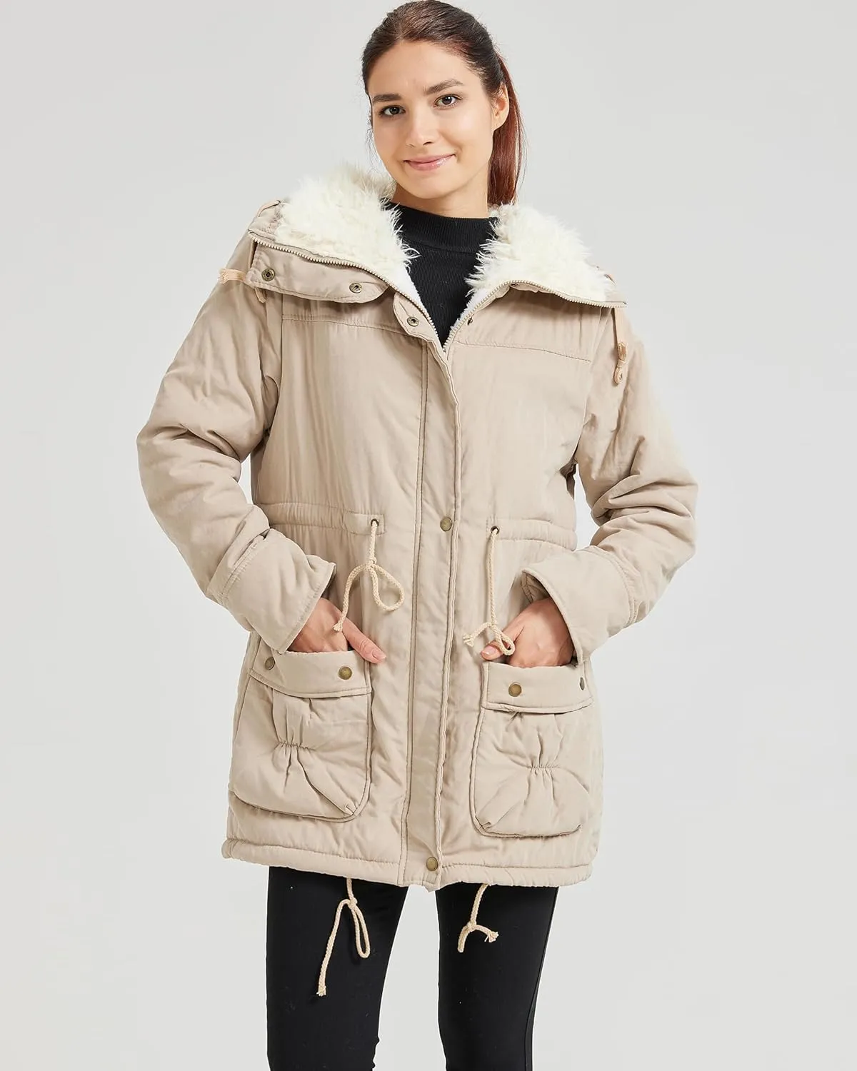 Women's Winter Mid Length Thick Warm Faux Lamb Wool Lined Jacket Coat