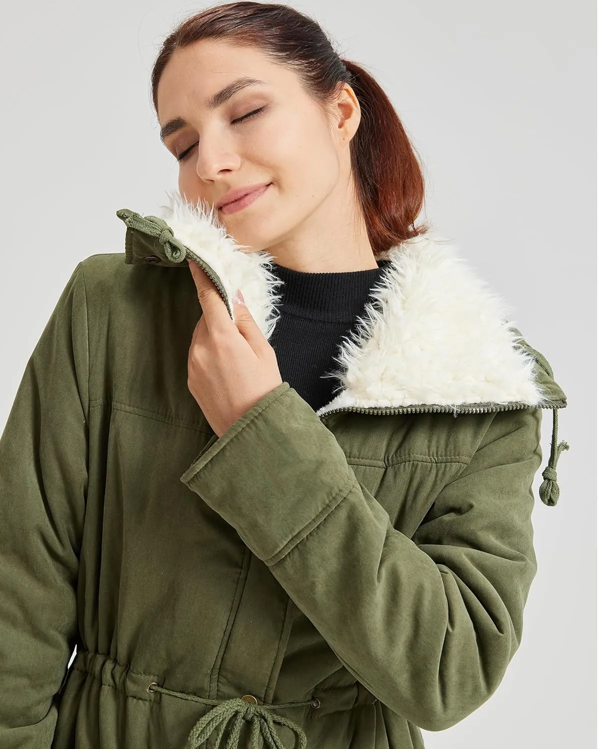 Women's Winter Mid Length Thick Warm Faux Lamb Wool Lined Jacket Coat