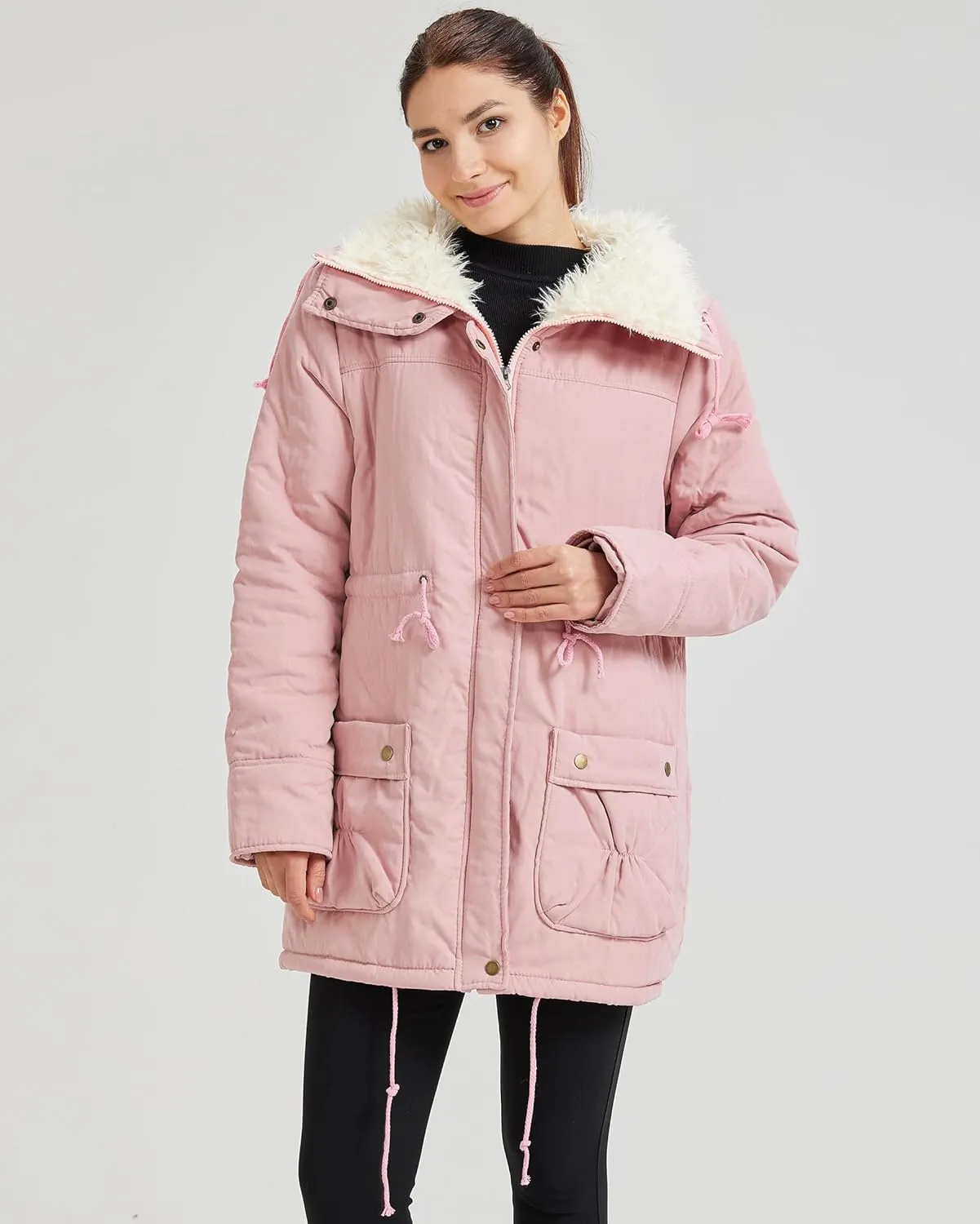 Women's Winter Mid Length Thick Warm Faux Lamb Wool Lined Jacket Coat