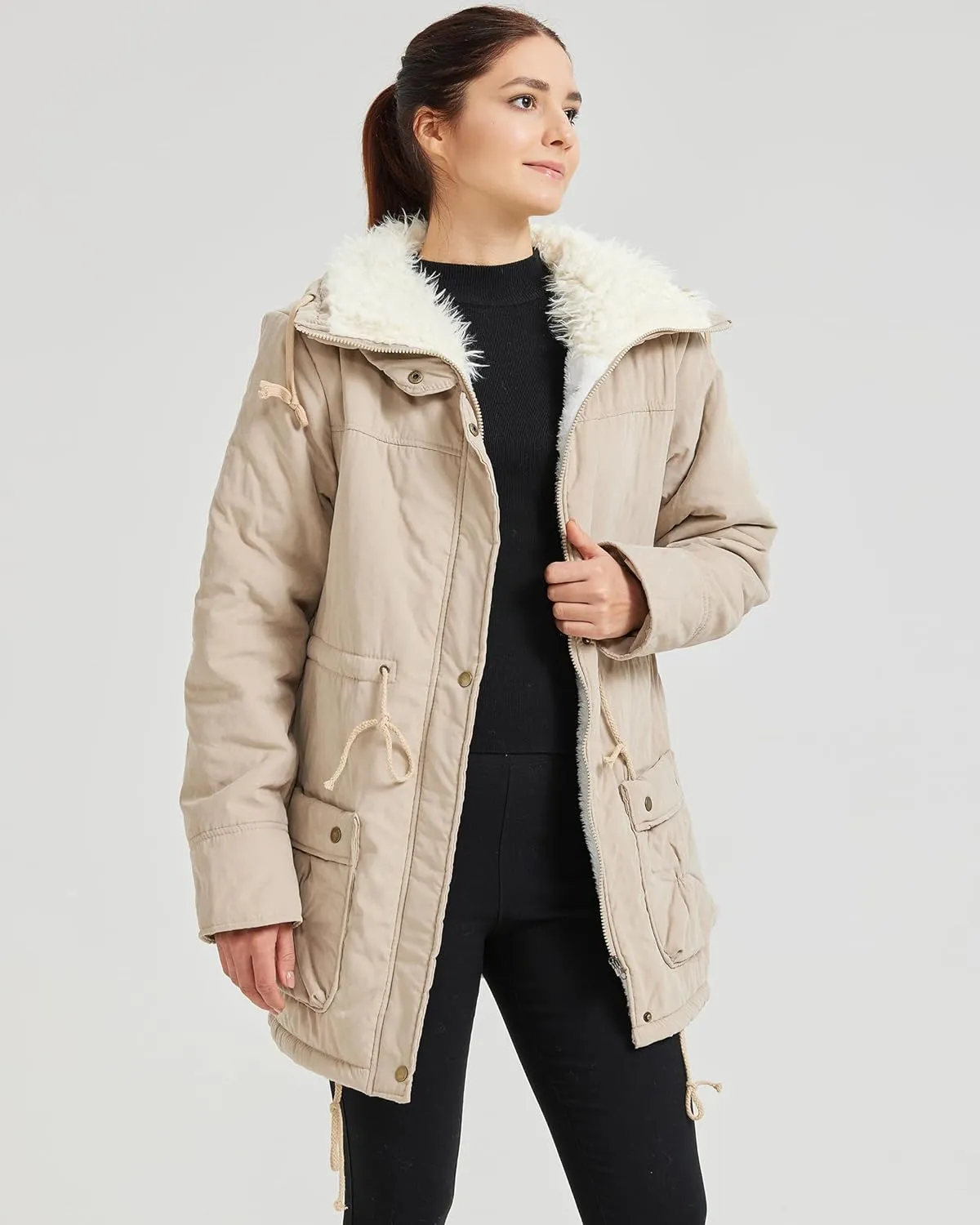 Women's Winter Mid Length Thick Warm Faux Lamb Wool Lined Jacket Coat