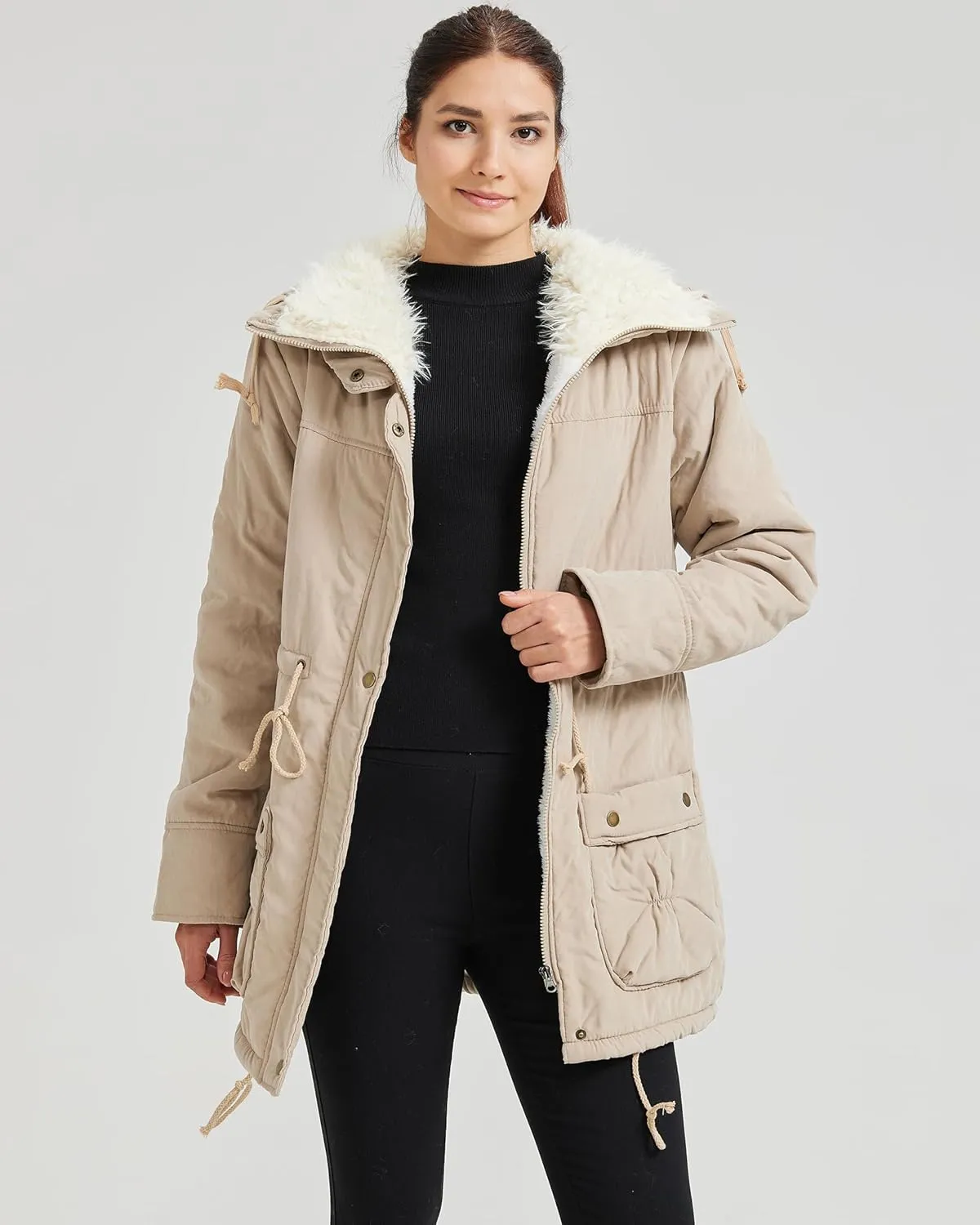 Women's Winter Mid Length Thick Warm Faux Lamb Wool Lined Jacket Coat