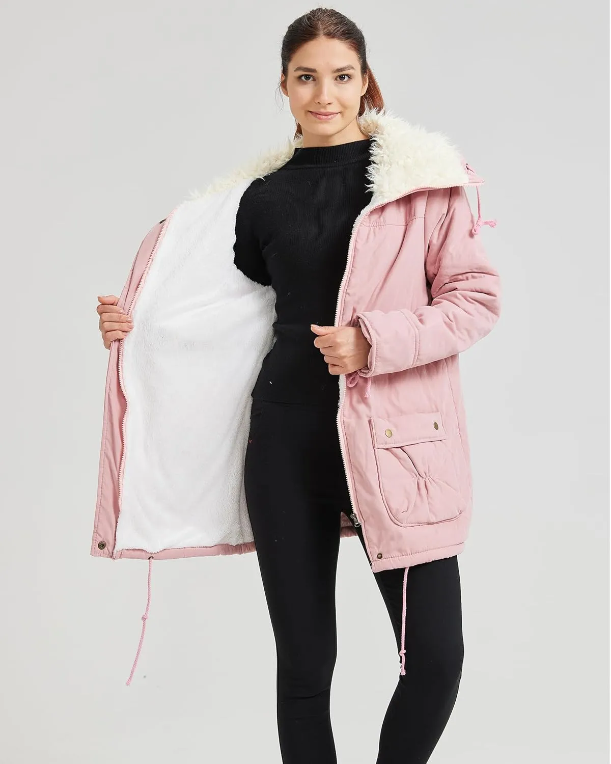 Women's Winter Mid Length Thick Warm Faux Lamb Wool Lined Jacket Coat