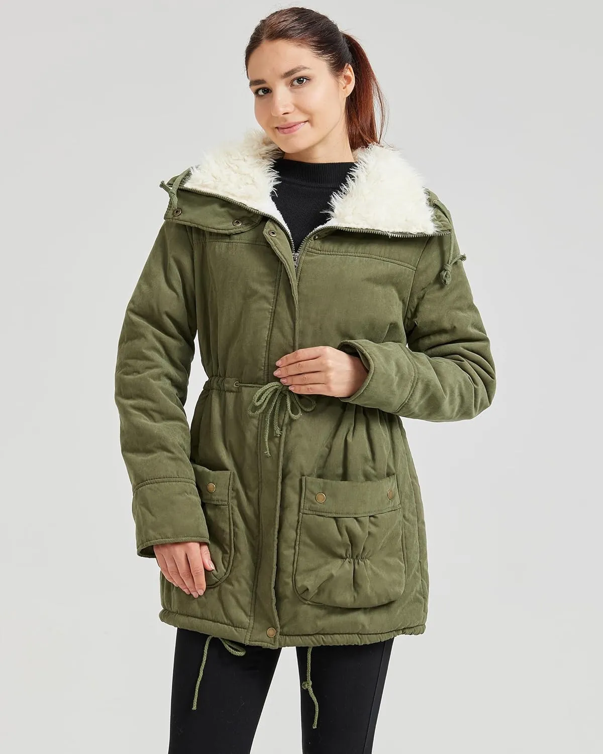 Women's Winter Mid Length Thick Warm Faux Lamb Wool Lined Jacket Coat