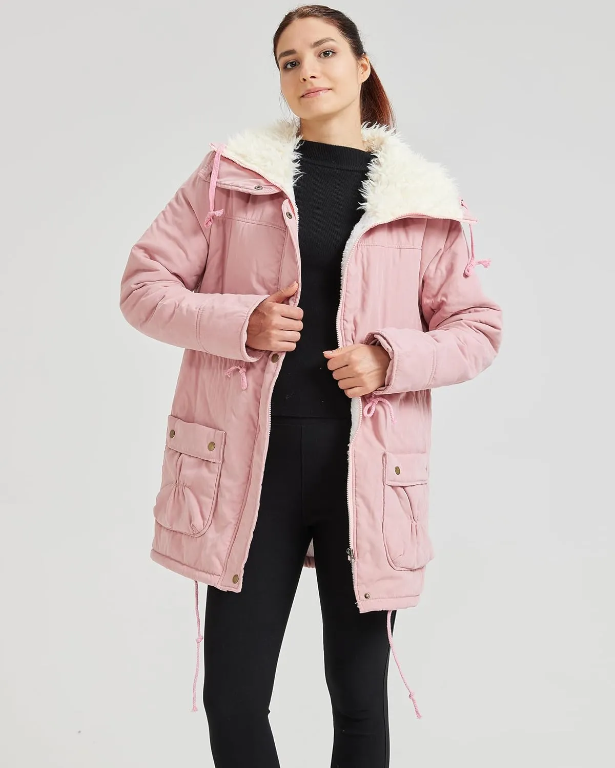 Women's Winter Mid Length Thick Warm Faux Lamb Wool Lined Jacket Coat