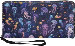 Women's Wristlet PU Leather Zip Around Wallet Clutch Large Travel Purse Jellyfish Print