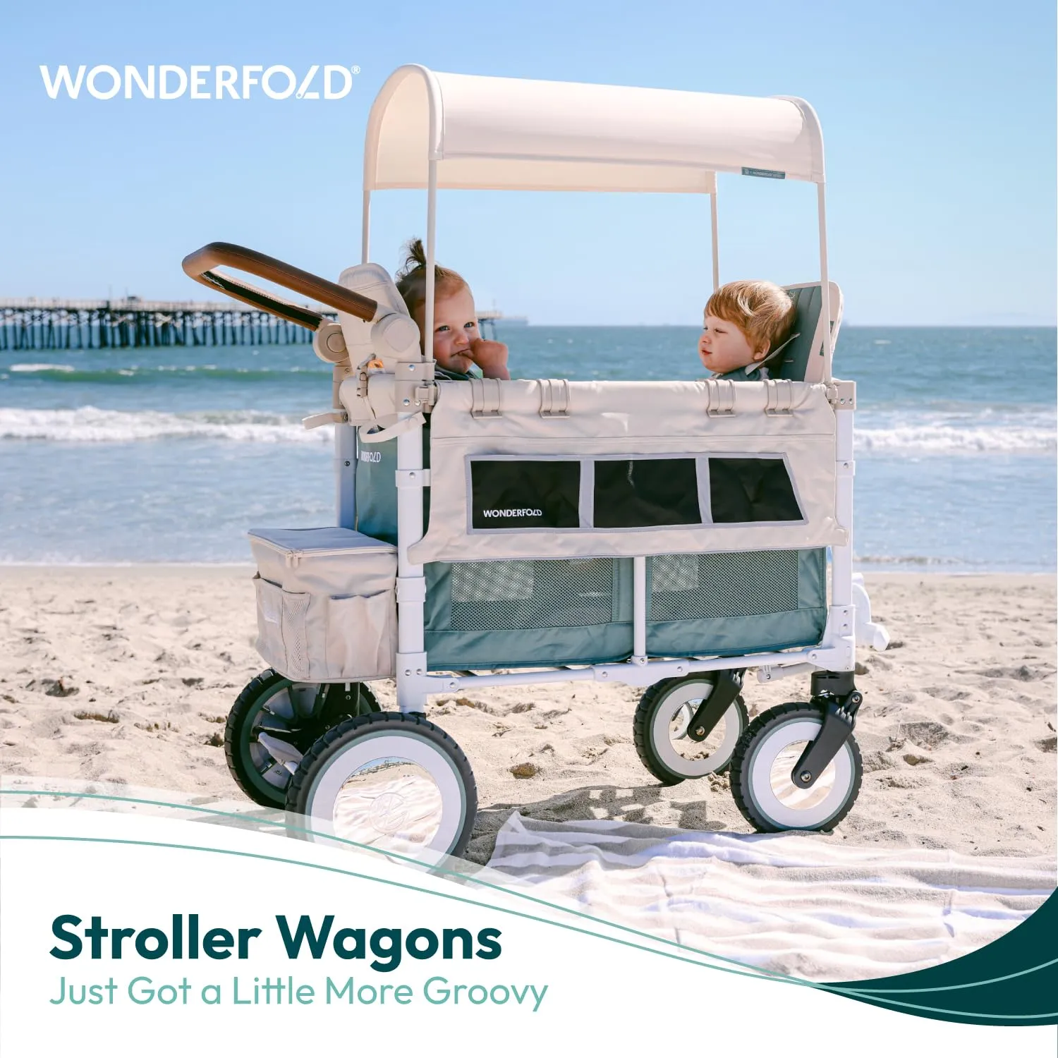 WONDERFOLD Volkswagen Double Stroller Wagon (2 Seater) - Foldable Wagon Stroller with Classic VW Bumper, Headlights, and Retro All-Terrain XL Wheels, Bondi Blue