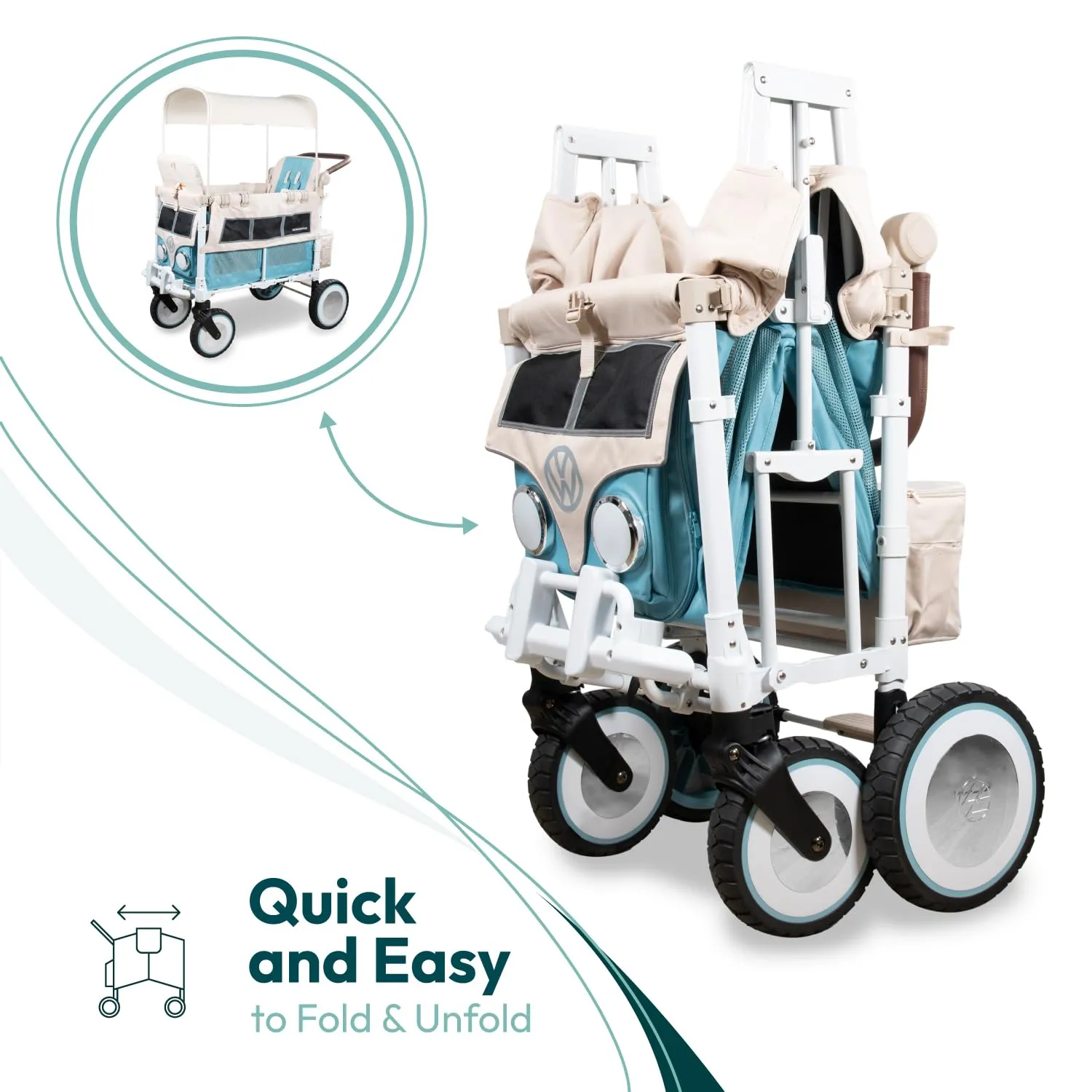 WONDERFOLD Volkswagen Double Stroller Wagon (2 Seater) - Foldable Wagon Stroller with Classic VW Bumper, Headlights, and Retro All-Terrain XL Wheels, Bondi Blue