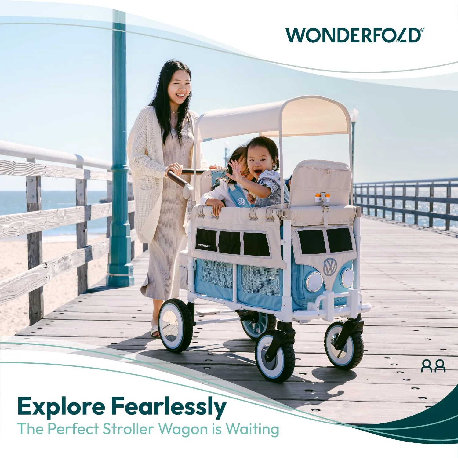 WONDERFOLD Volkswagen Double Stroller Wagon (2 Seater) - Foldable Wagon Stroller with Classic VW Bumper, Headlights, and Retro All-Terrain XL Wheels, Bondi Blue