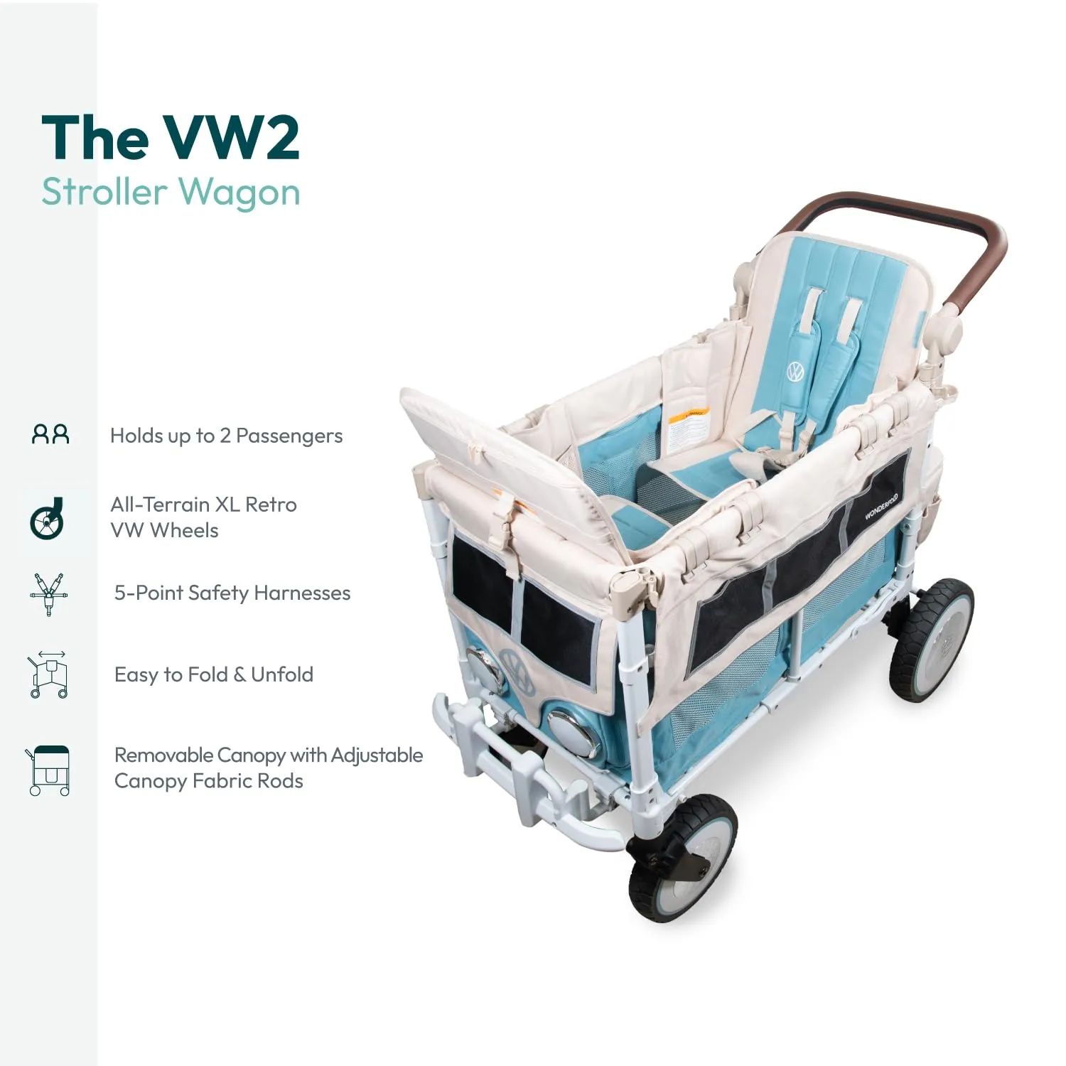 WONDERFOLD Volkswagen Double Stroller Wagon (2 Seater) - Foldable Wagon Stroller with Classic VW Bumper, Headlights, and Retro All-Terrain XL Wheels, Bondi Blue