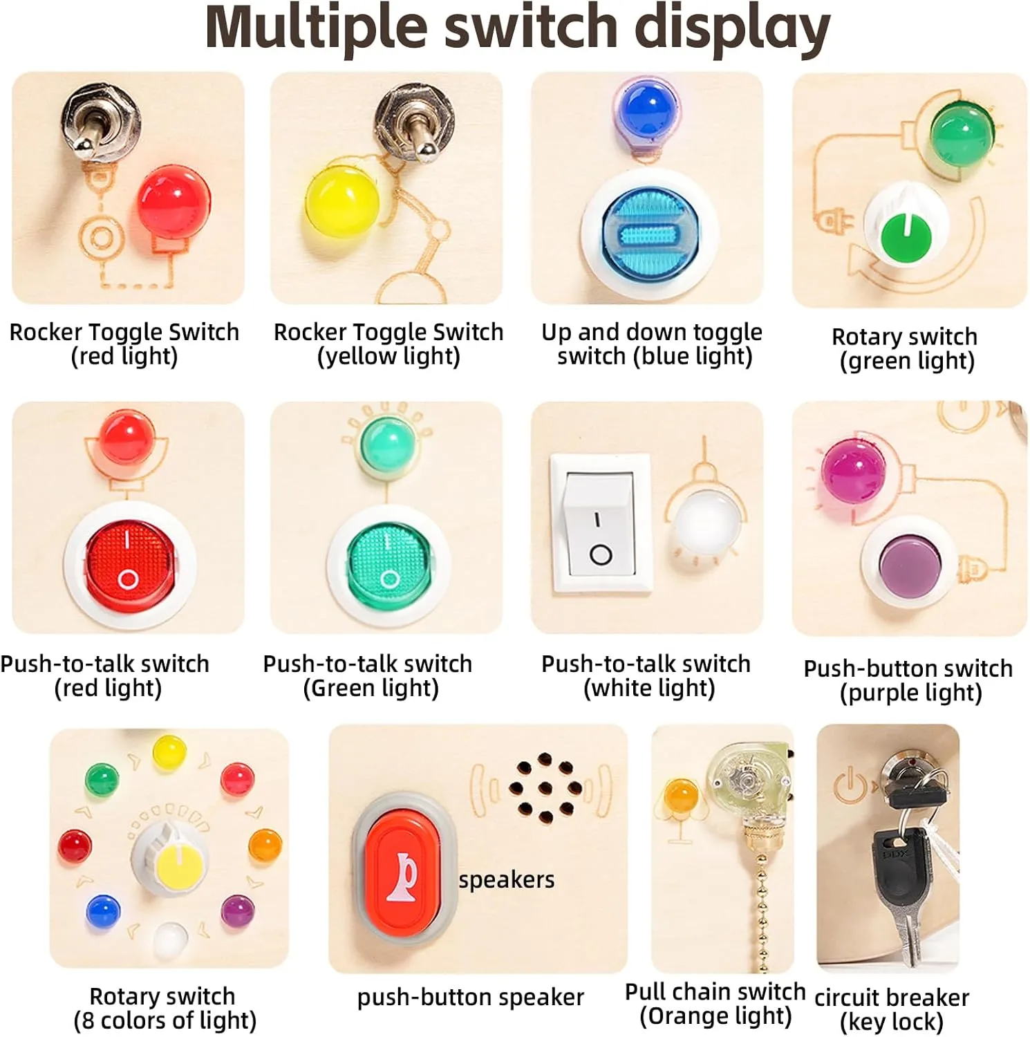 Wooden Autistic Sensory Toy, Shoulder Bag Style LED Switch Board for Toddlers, Suitable for Children 3-6 Years Old to Develop fine Motor Skills