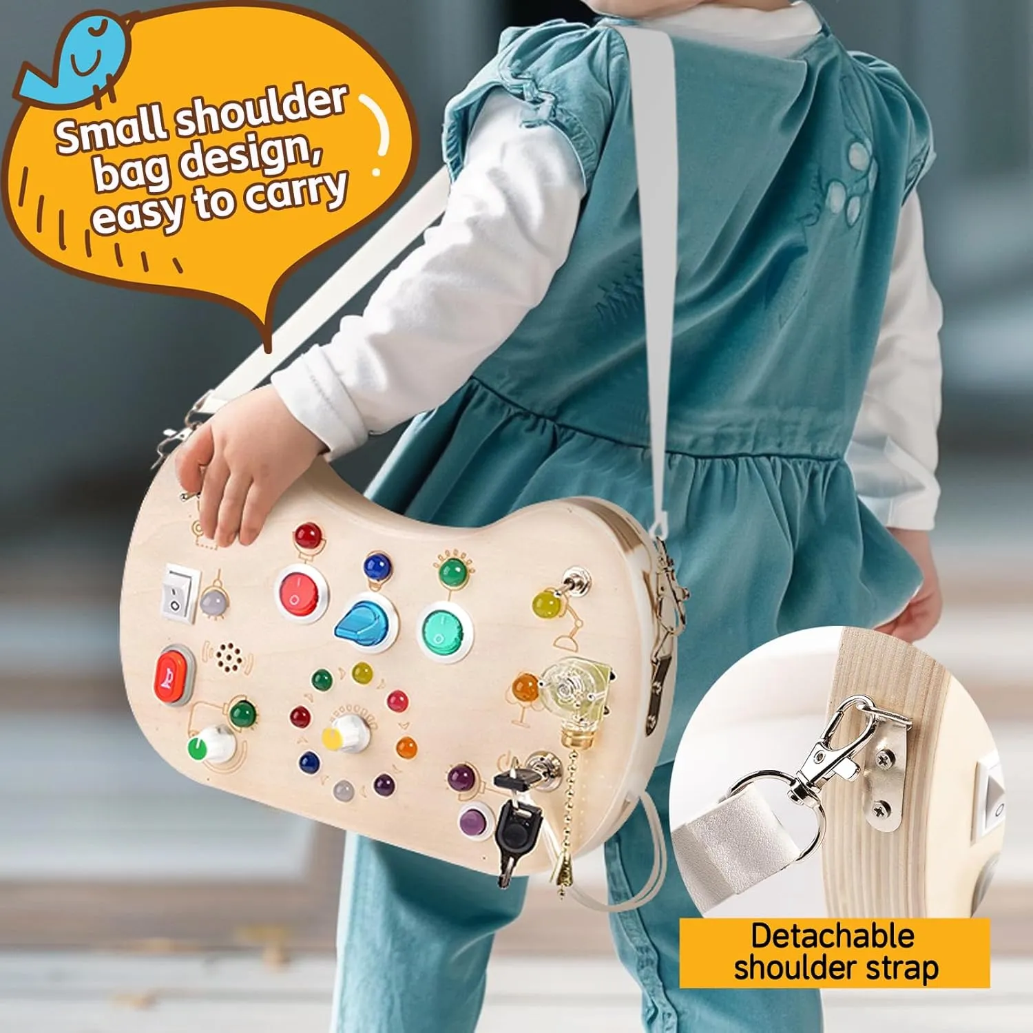 Wooden Autistic Sensory Toy, Shoulder Bag Style LED Switch Board for Toddlers, Suitable for Children 3-6 Years Old to Develop fine Motor Skills