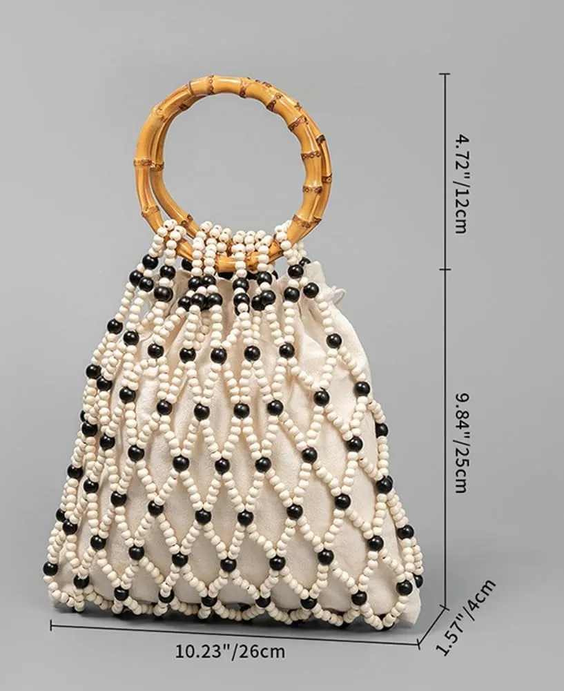 Wooden Bead Purses for Women Beaded Bamboo Handle Tote Purse Straw Bag Chic Hollow-out Handbag Beach Travel 2025