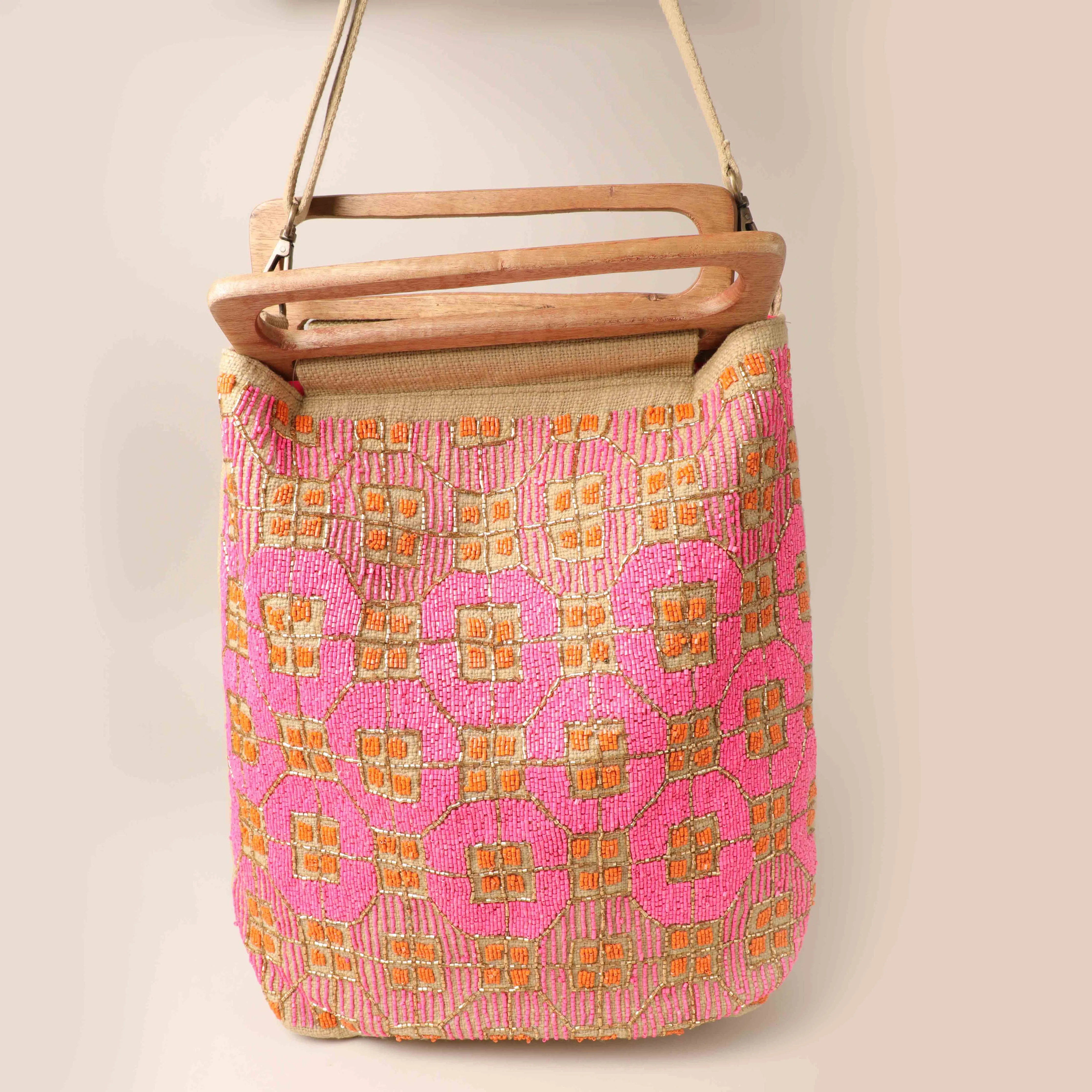 Wooden Handle Beaded Summer Bag