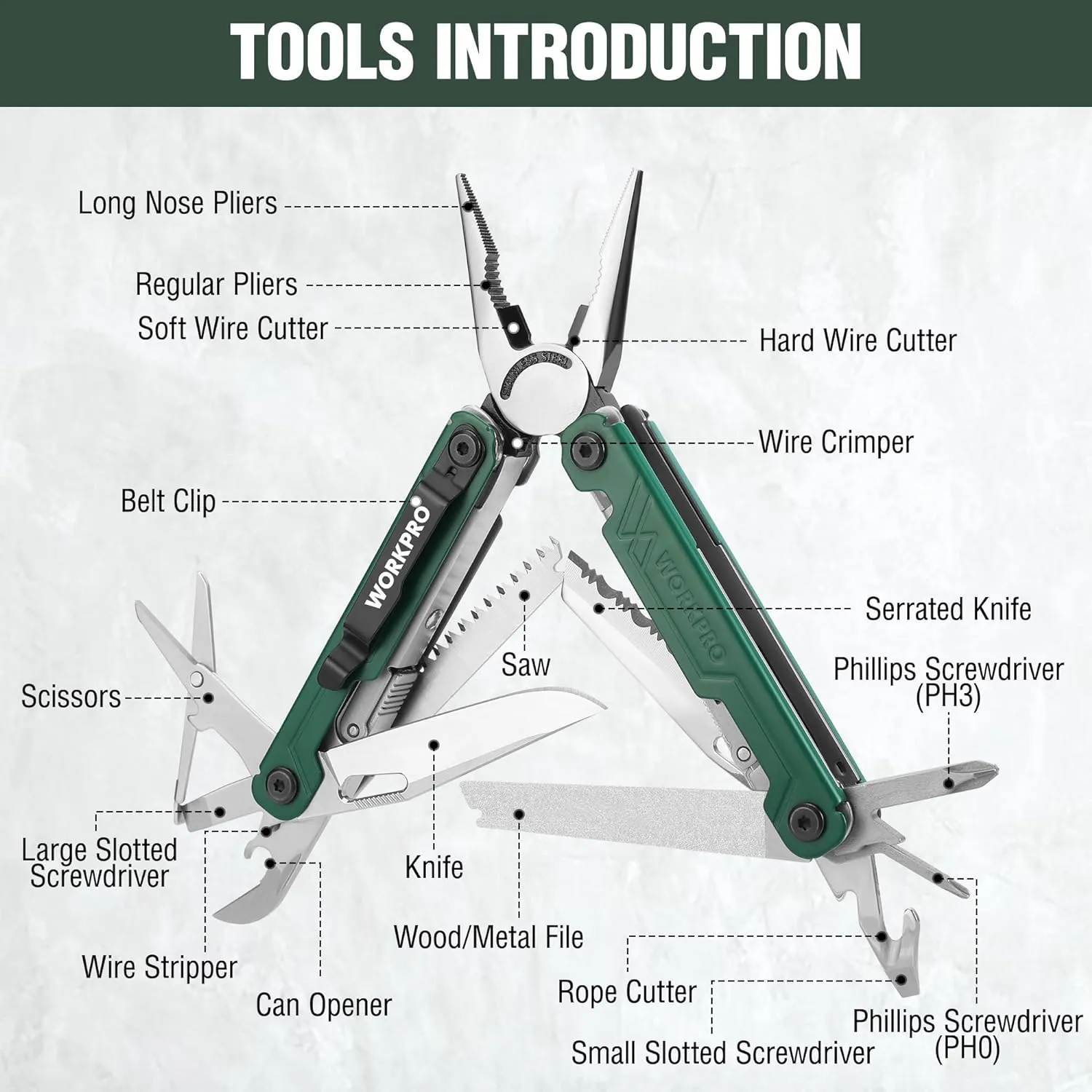 WORKPRO 18-in-1 Multi Tool Pliers, Stainless Steel EDC Multitool with Pocket Knife, 2 Safety Locks, Belt Clip and Oxford Pouch, Multipurpose Utility Multiuse Tool for Camping Outdoor Activities