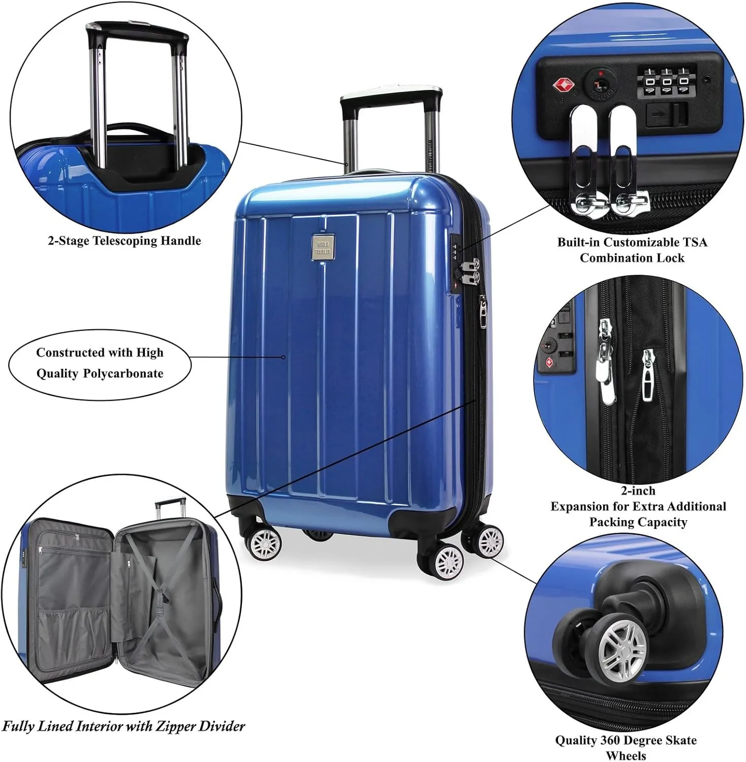 World Traveler Contour Lightweight Polycarbonate Hardside Expandable Spinner Luggage with TSA Lock, Blue, 20-inch