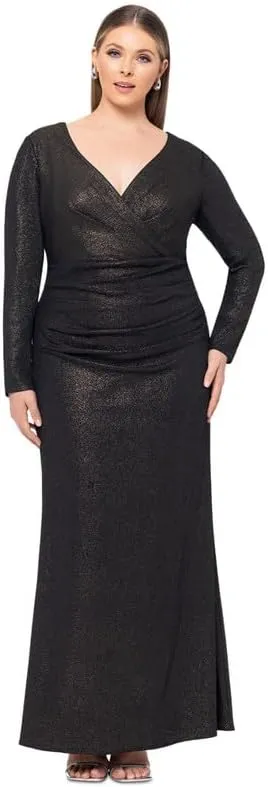 Xscape Women's Plus Size Ruched Foil-Knit Long-Sleeve Gown (Black/Gold, 14W)
