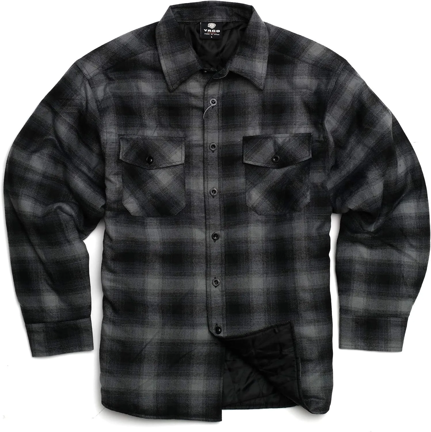 YAGO Men's Quilted Lining Button Up Plaid Flannel Shirt Jacket with Side Pockets