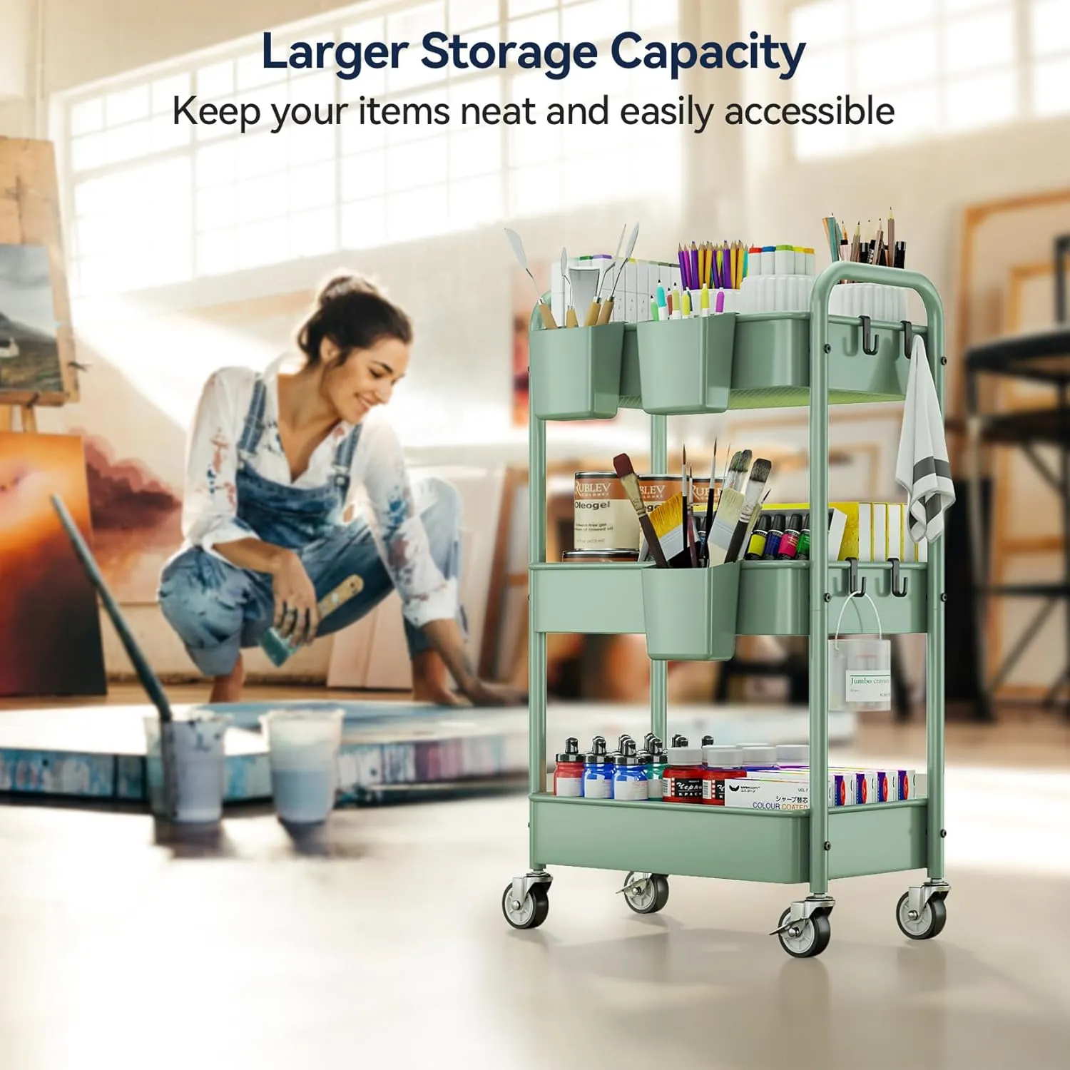 YASONIC 3-Tier Rolling Cart, Green, 66 Pounds Capacity, Mesh Storage Organizer with Lockable Wheels, 3 Hanging Cups, 4 Hooks, Easy Assembly, for Kitchen, Bathroom, Laundry, Grocery