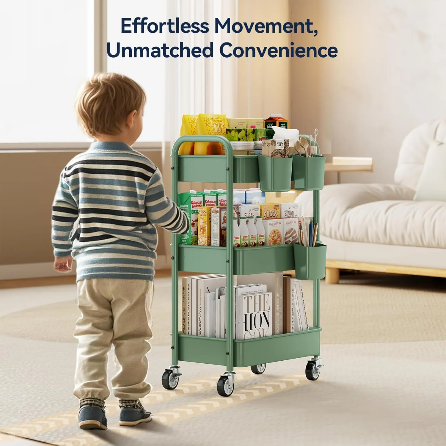 YASONIC 3-Tier Rolling Cart, Green, 66 Pounds Capacity, Mesh Storage Organizer with Lockable Wheels, 3 Hanging Cups, 4 Hooks, Easy Assembly, for Kitchen, Bathroom, Laundry, Grocery