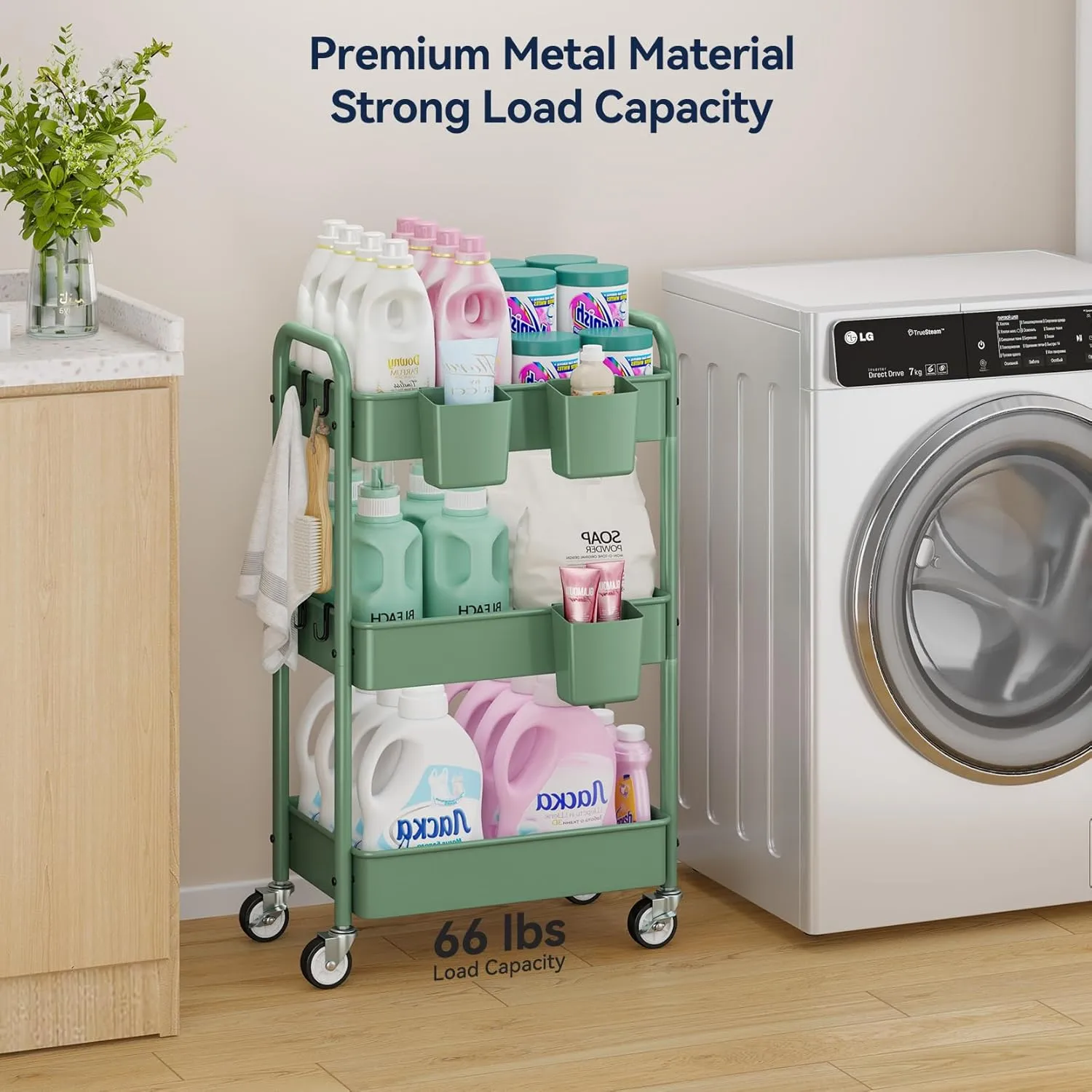 YASONIC 3-Tier Rolling Cart, Green, 66 Pounds Capacity, Mesh Storage Organizer with Lockable Wheels, 3 Hanging Cups, 4 Hooks, Easy Assembly, for Kitchen, Bathroom, Laundry, Grocery