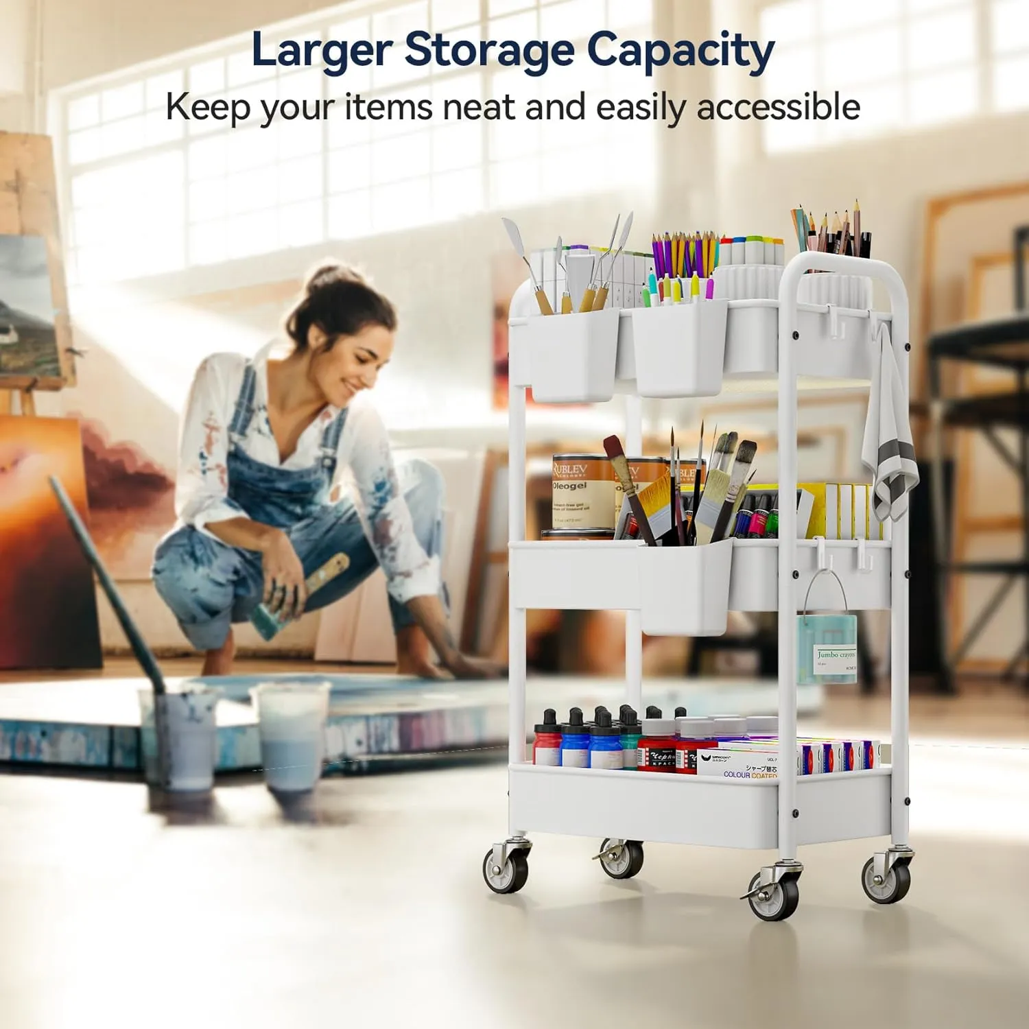 YASONIC Metal 3 Tier Rolling Cart - Heavy Duty Utility Cart with Lockable Wheels, Hanging Cups, Hooks, Mesh Rolling Storage Cart Craft Cart Organizer, Lightweight and Sturdy, White