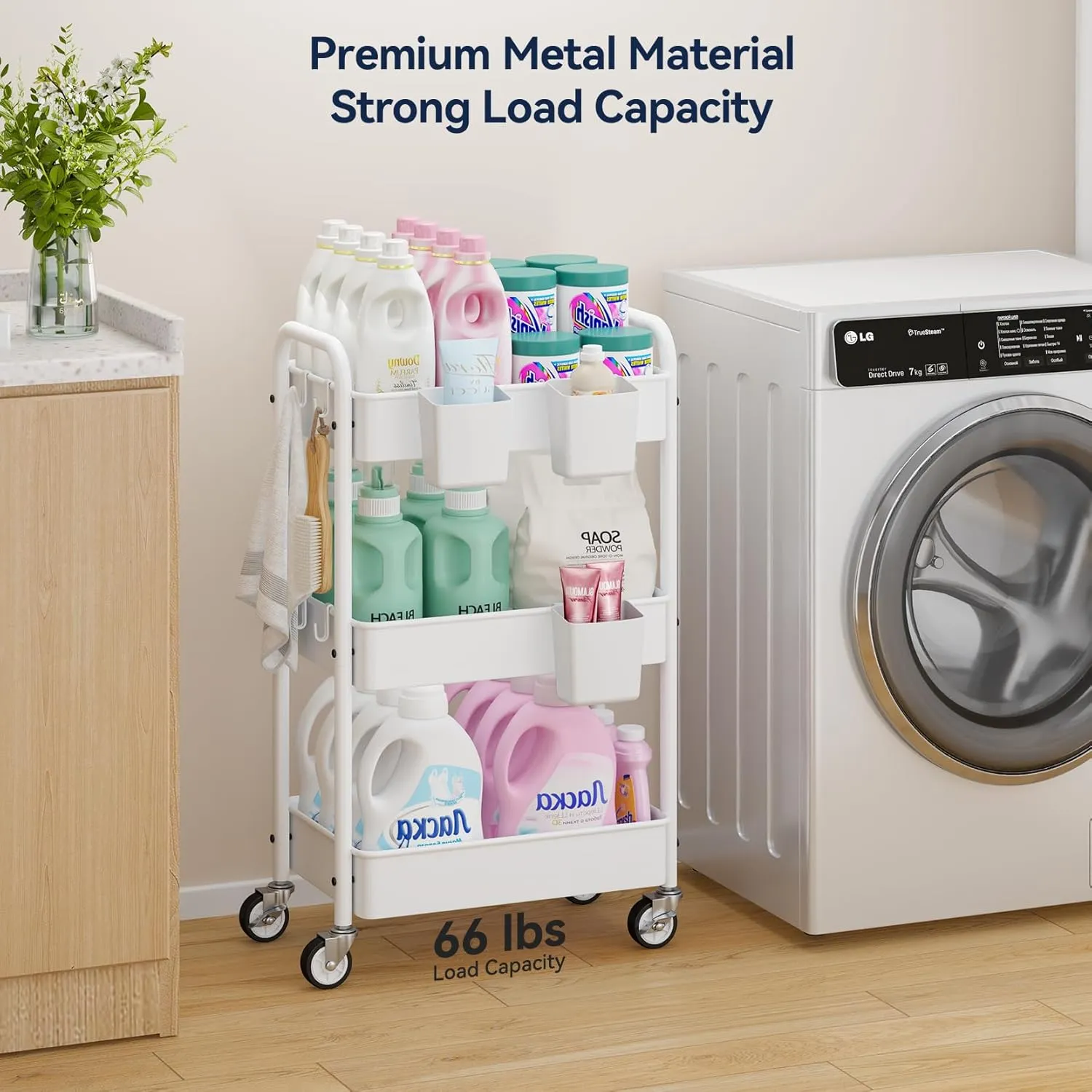 YASONIC Metal 3 Tier Rolling Cart - Heavy Duty Utility Cart with Lockable Wheels, Hanging Cups, Hooks, Mesh Rolling Storage Cart Craft Cart Organizer, Lightweight and Sturdy, White