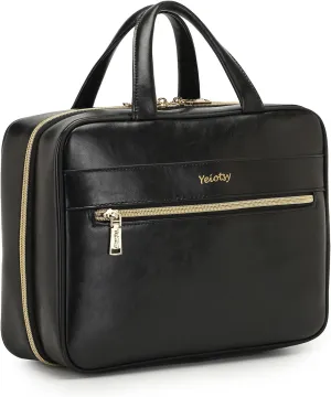 Yeiotsy Hanging Toiletry Bag - Waterproof Vegan Leather Organizer with Wet-Dry Compartments, Foldable Design for Camping, Gym & Business Travel (Black, Large)