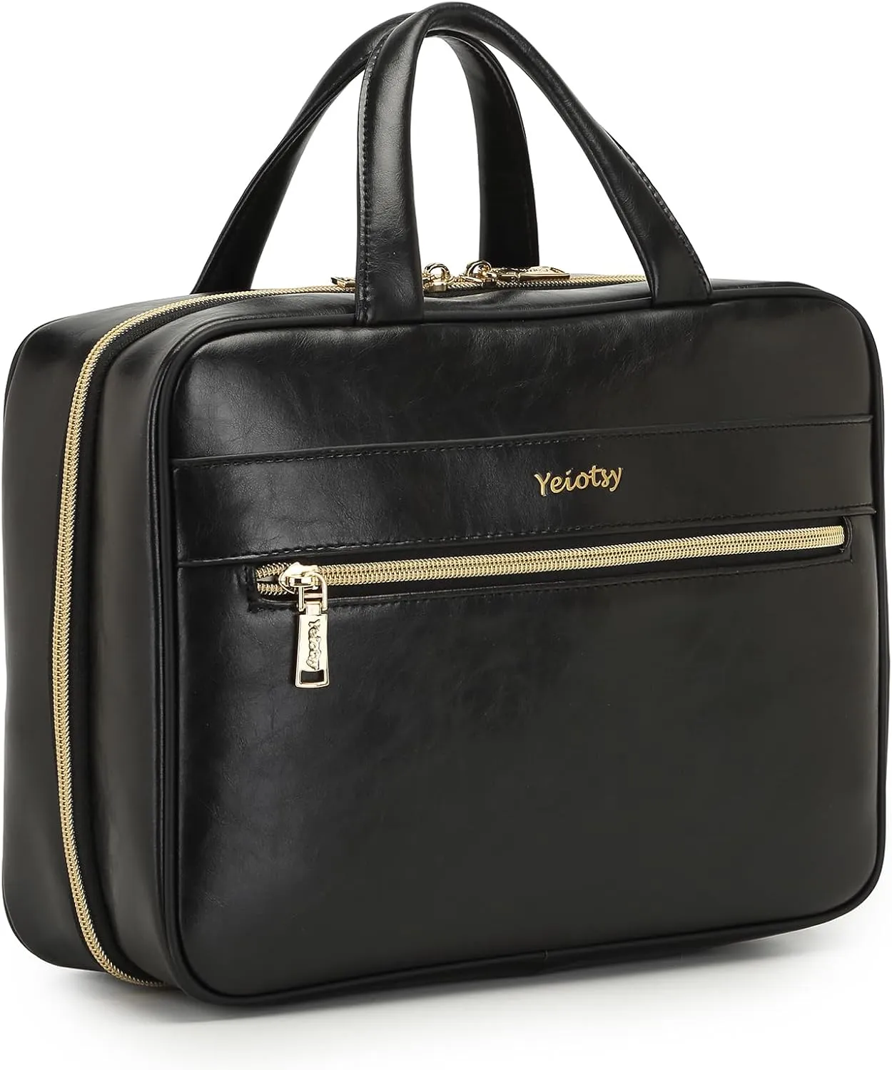 Yeiotsy Hanging Toiletry Bag - Waterproof Vegan Leather Organizer with Wet-Dry Compartments, Foldable Design for Camping, Gym & Business Travel (Black, Large)