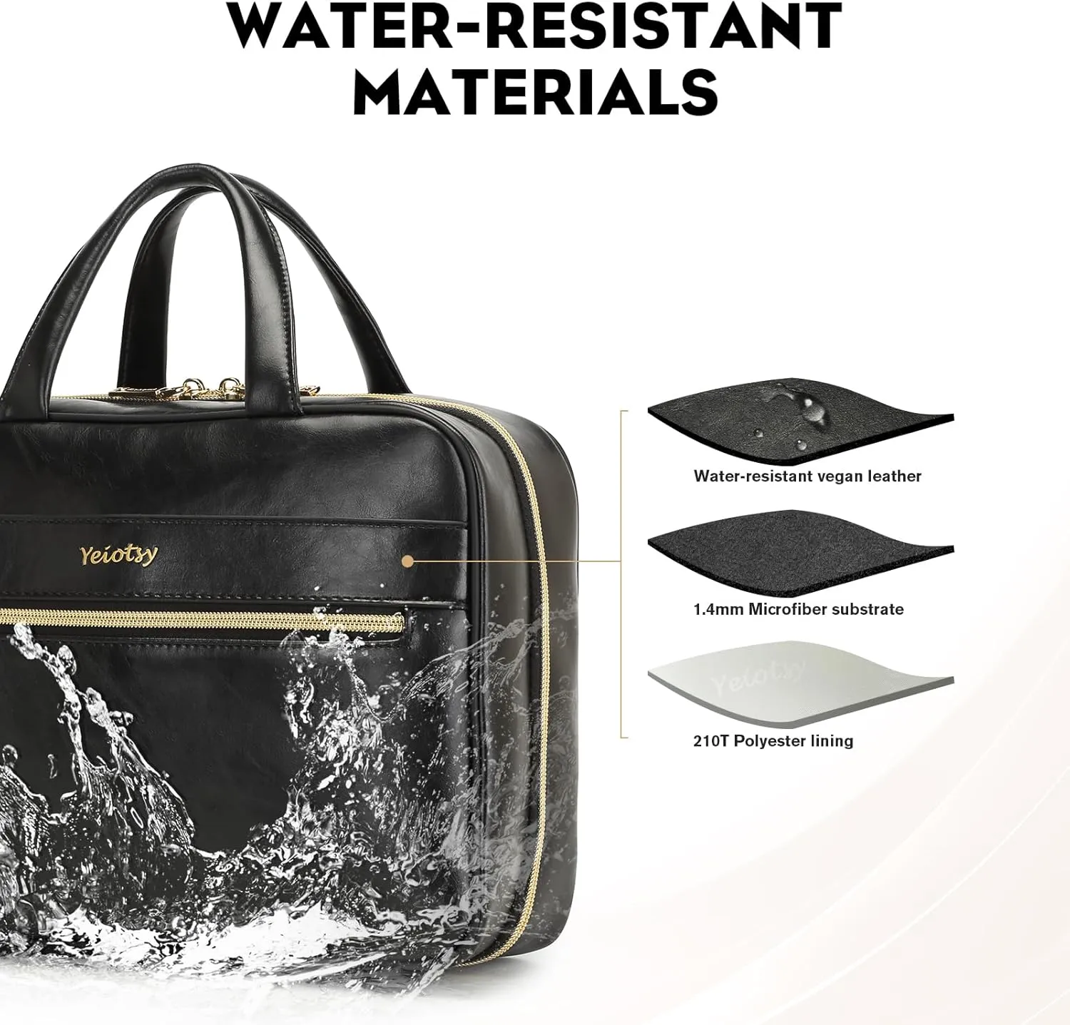 Yeiotsy Hanging Toiletry Bag - Waterproof Vegan Leather Organizer with Wet-Dry Compartments, Foldable Design for Camping, Gym & Business Travel (Black, Large)