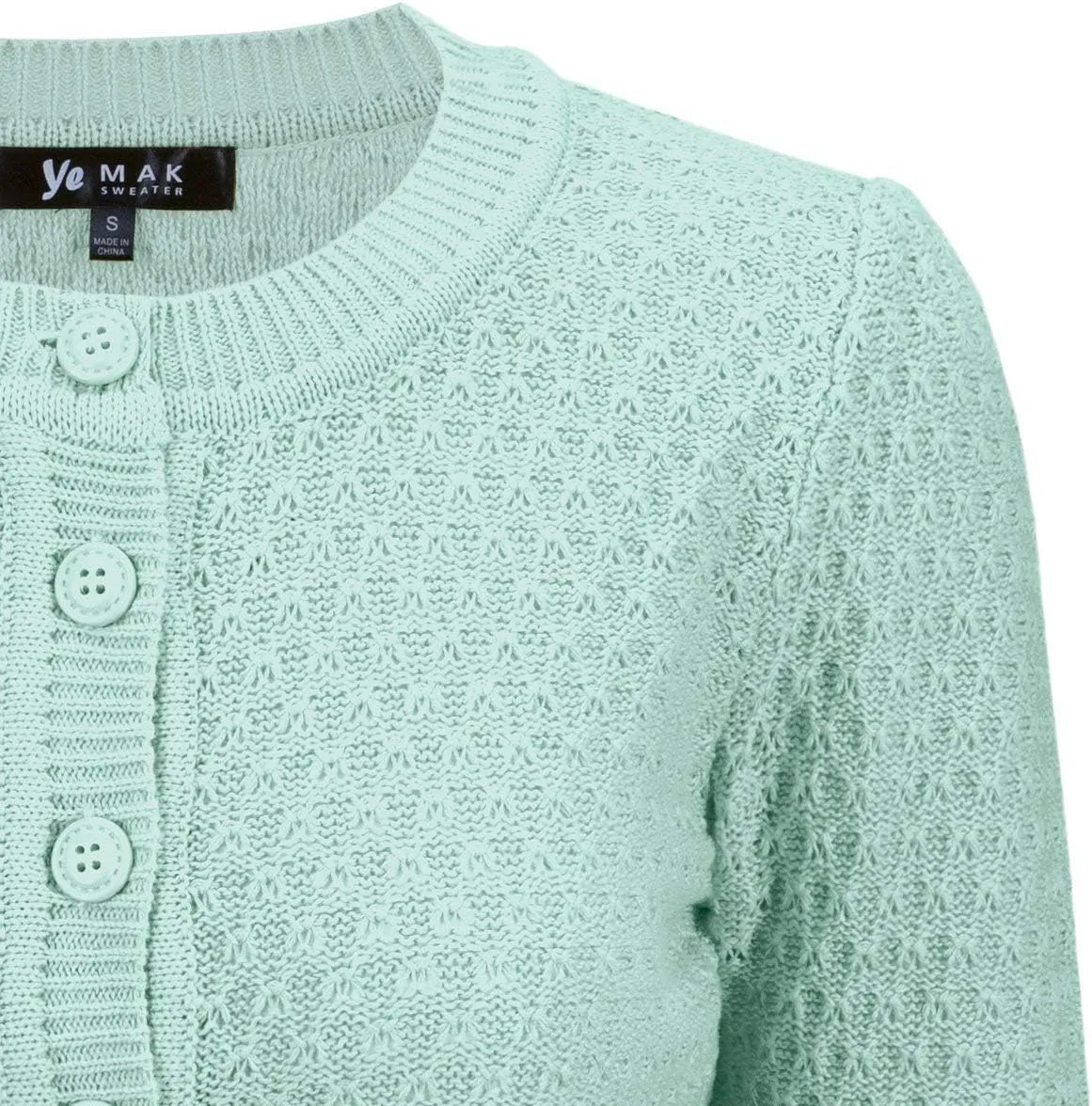 YEMAK Women's Cropped Cardigan Sweater – 3/4 Sleeve Crewneck Basic Classic Casual Button Down Soft Crochet Knit Top (S-3XL)
